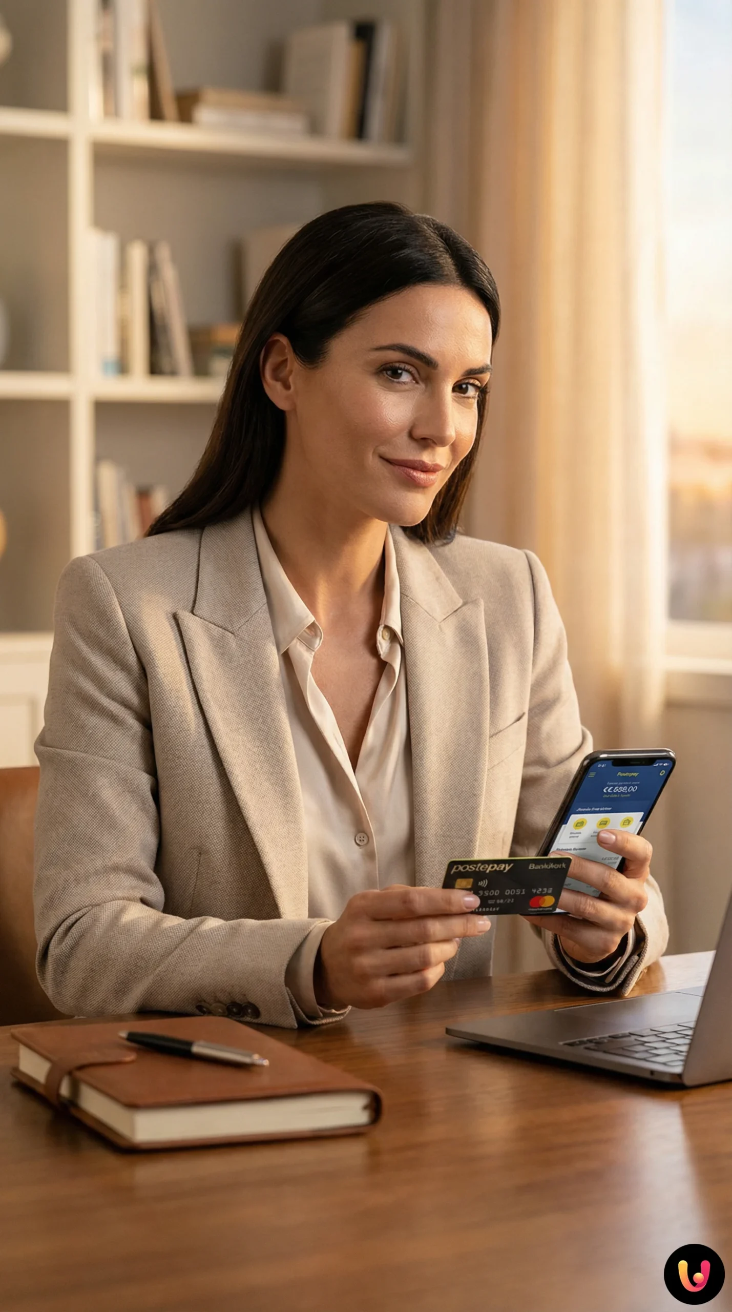 Carta Postepay Evolution e smartphone con app per controllo bonifici e limiti.