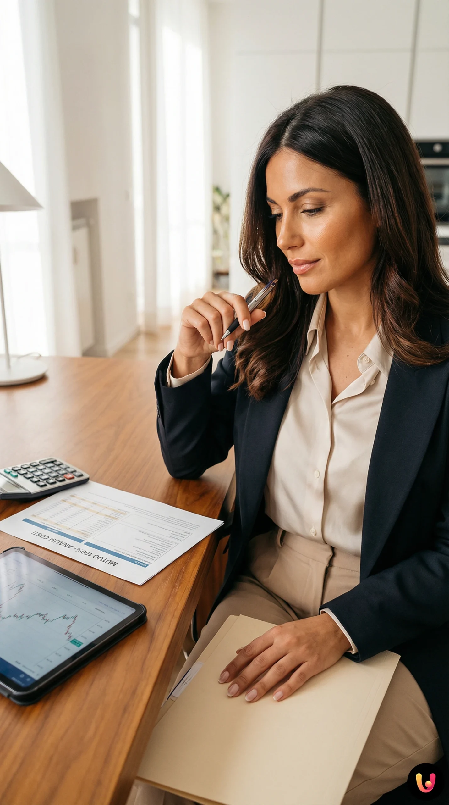 Mani che firmano un contratto di mutuo con chiavi di casa e calcolatrice sul tavolo