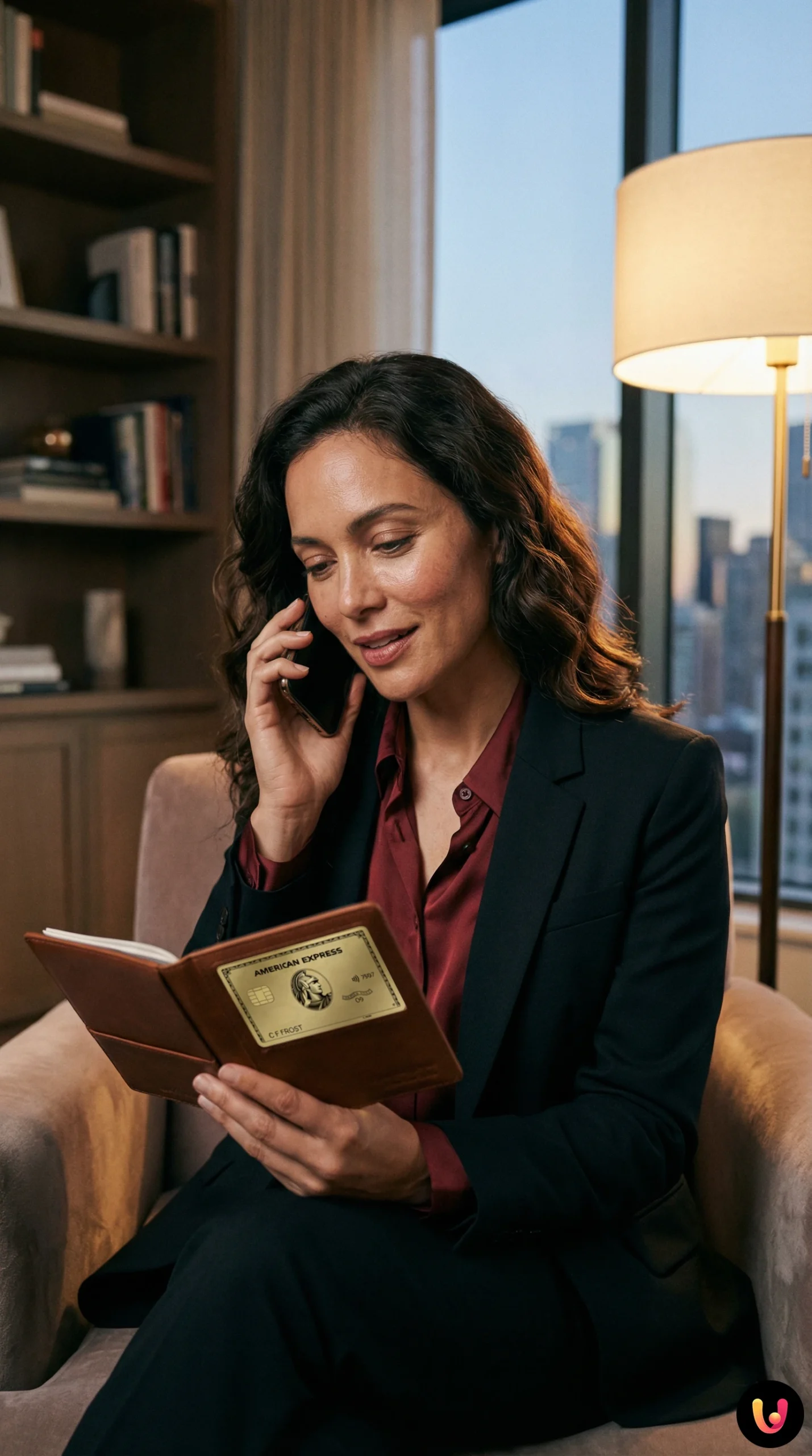 Smartphone e cart&atilde;o de cr&eacute;dito American Express apoiados numa secret&aacute;ria moderna.