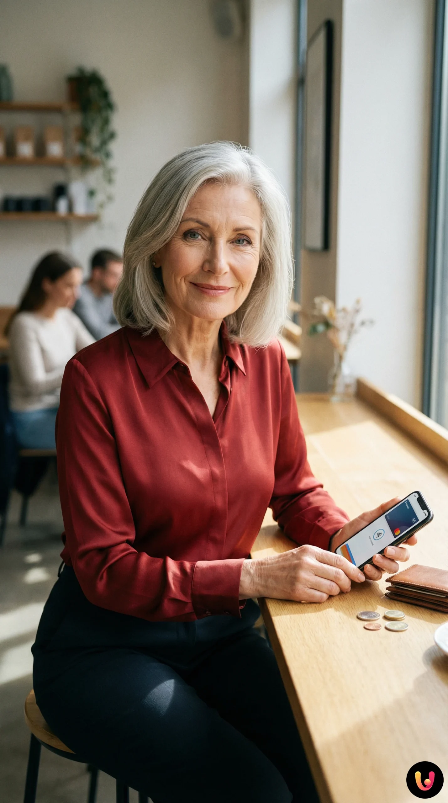 Idoso utiliza um sistema de pagamento digital simplificado num tablet.