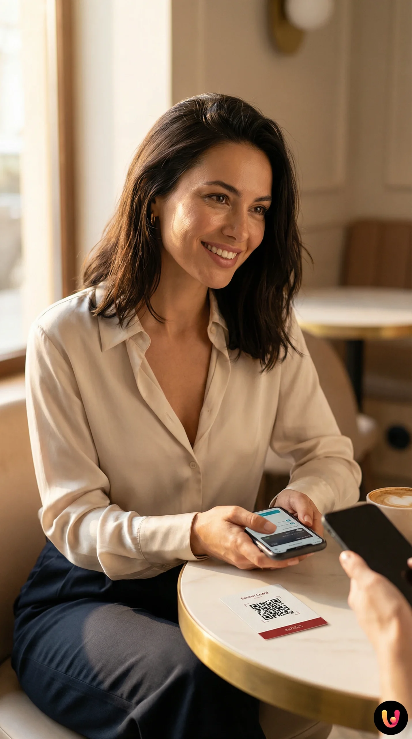 Friends at a restaurant use smartphones to split the bill with a payment app.