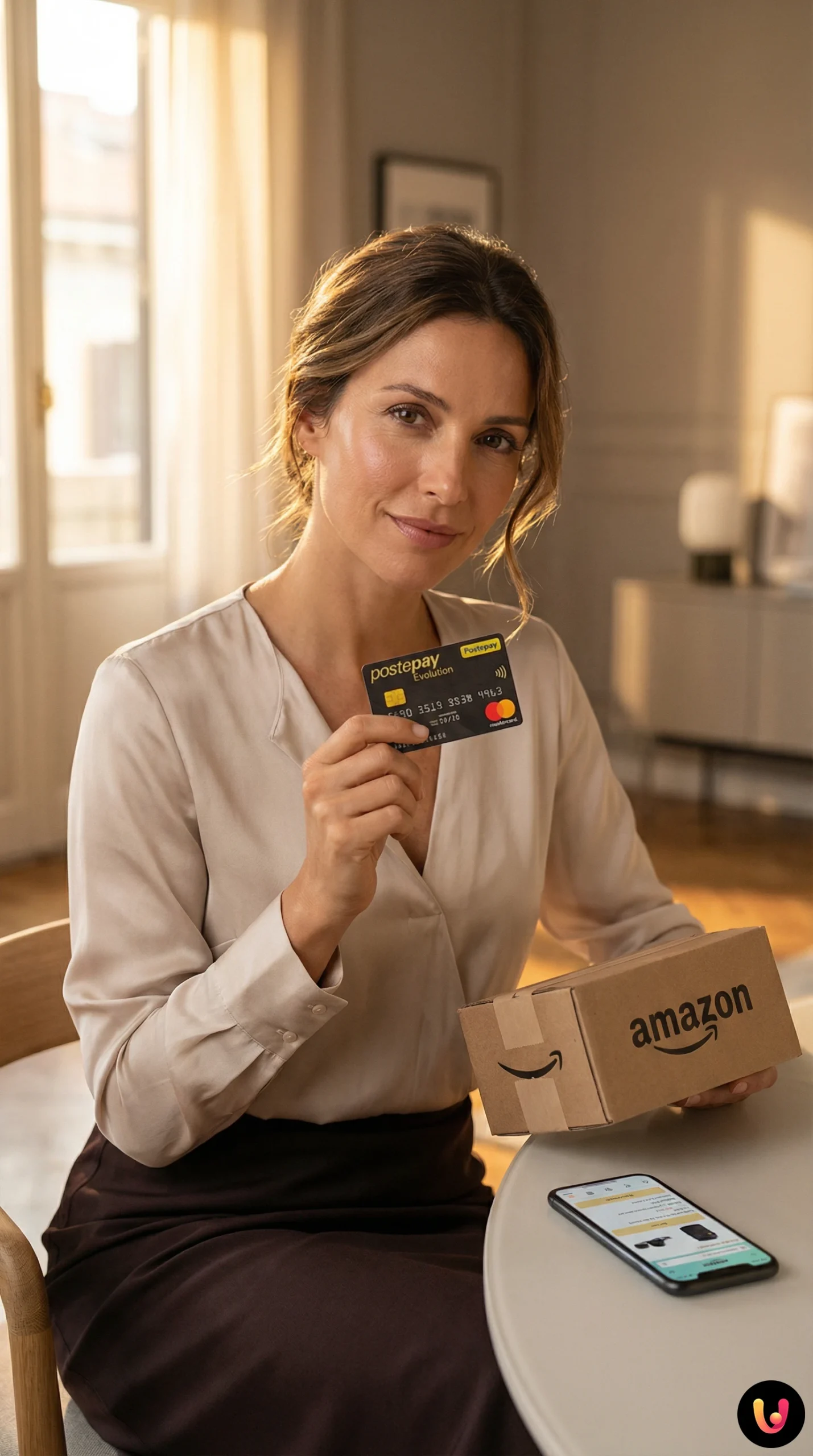 Carta Postepay gialla appoggiata sulla tastiera di un computer portatile per acquisti online.