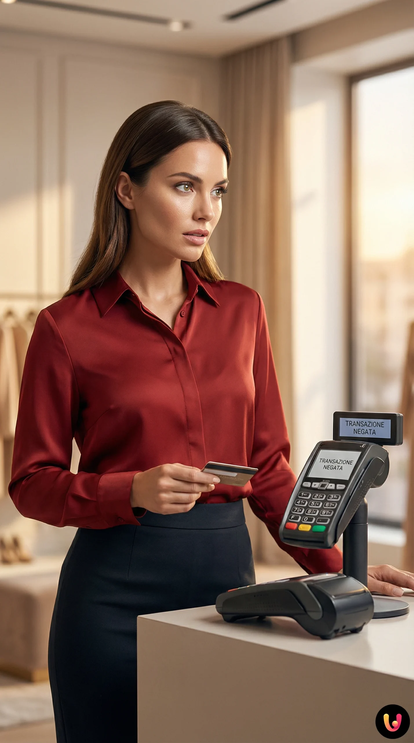 Dettaglio di una carta di credito appoggiata su un terminale POS per un pagamento elettronico