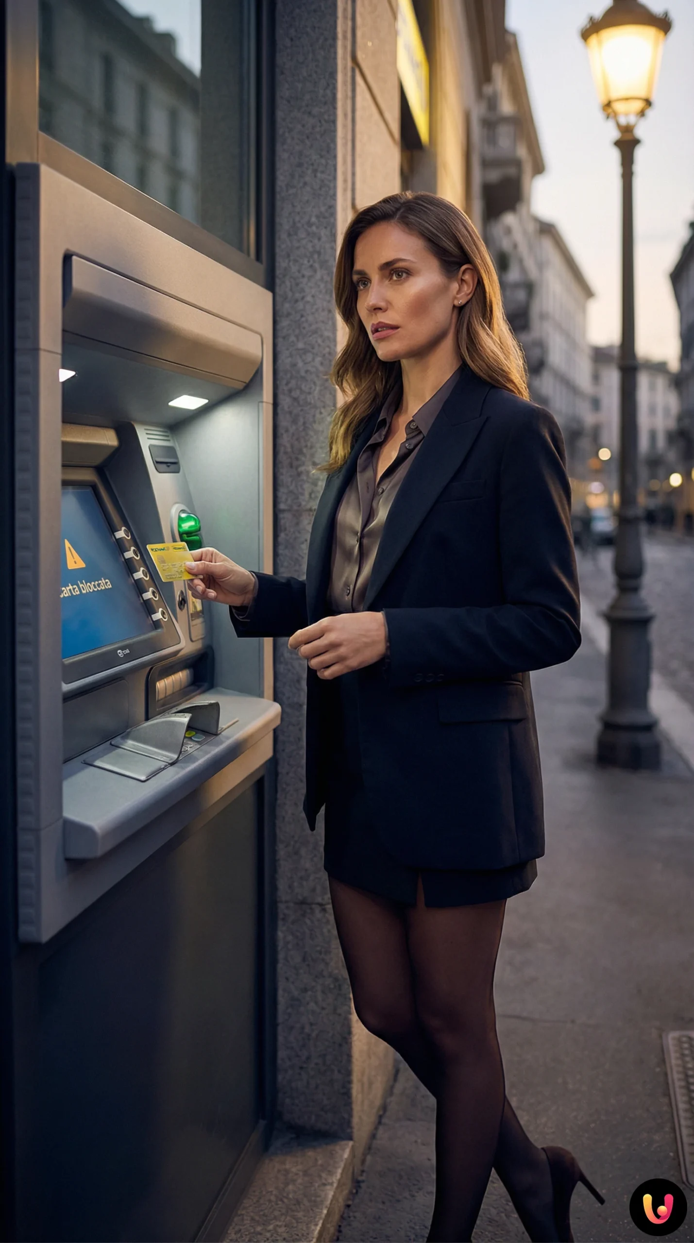 Utilizator &icirc;ngrijorat &icirc;n fața bancomatului ATM cu cardul Postamat blocat