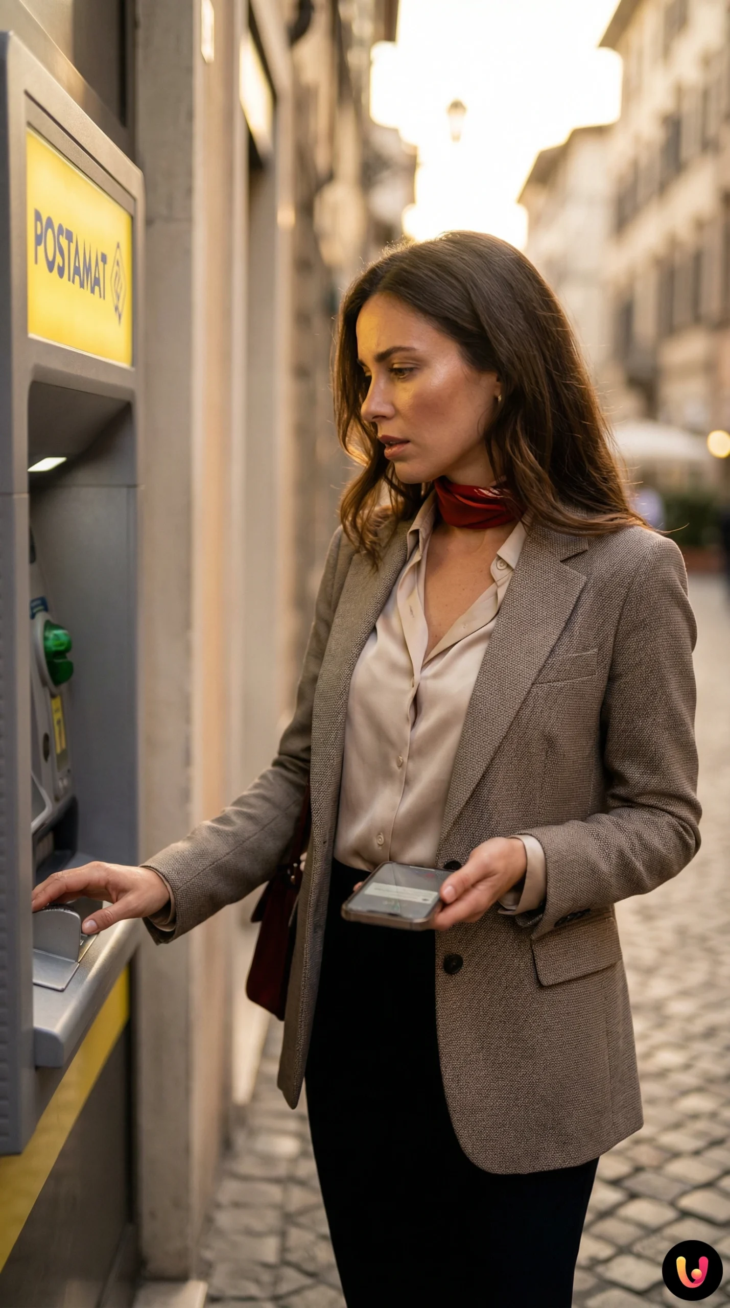 Utente preoccupato davanti allo sportello Postamat che non eroga contanti