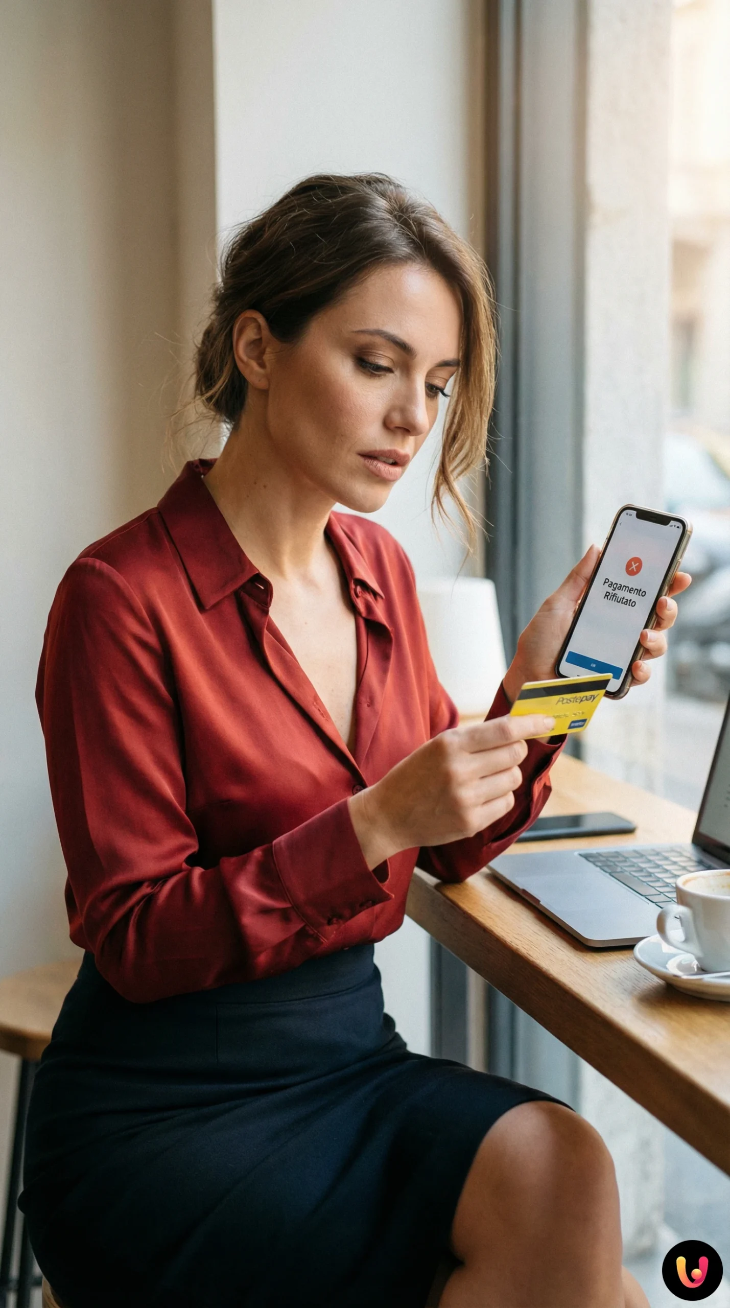 Utente controlla app Postepay su smartphone per pagamento abbonamento rifiutato