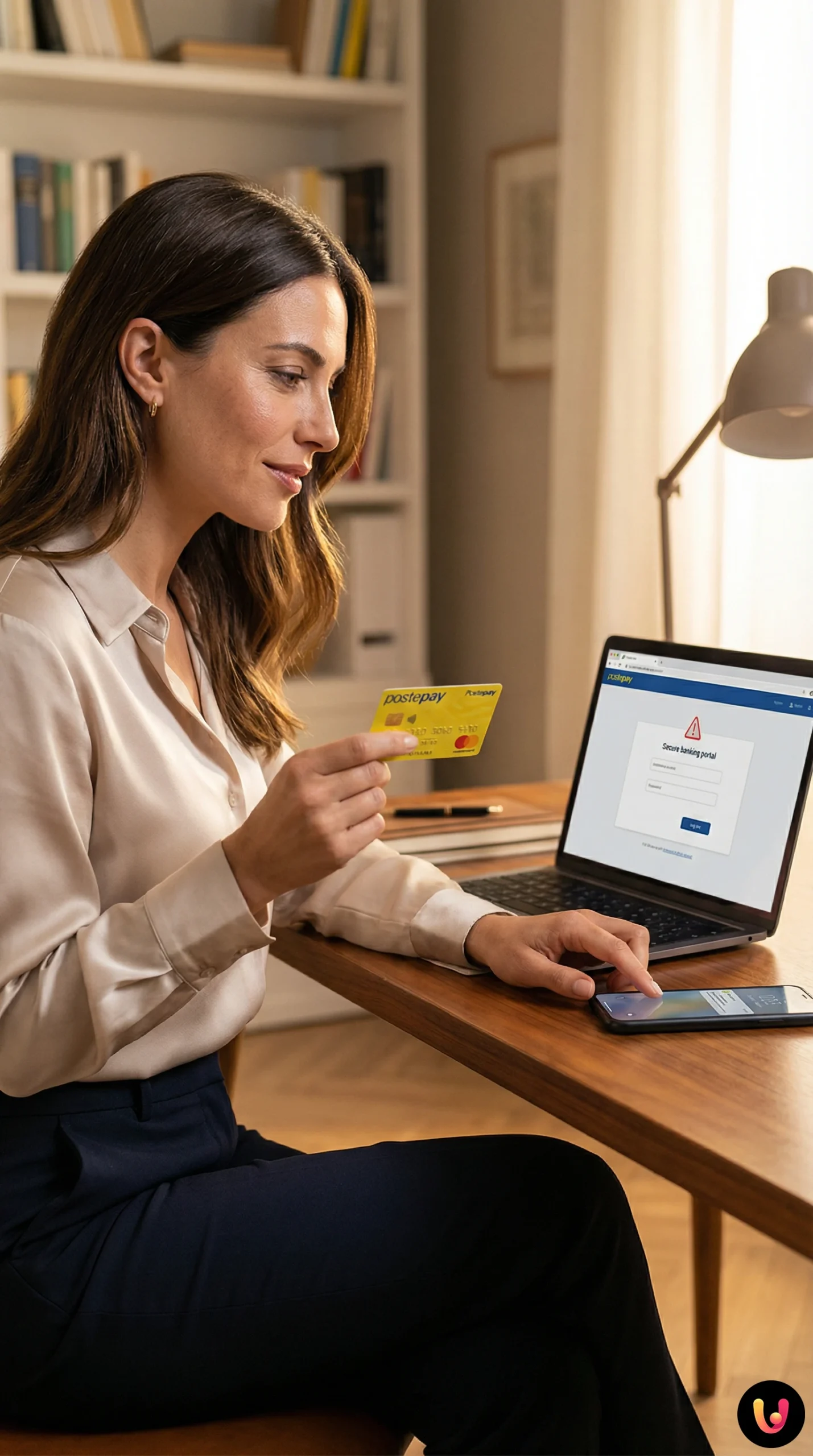 Smartphone con notifica di sicurezza e carta di pagamento su scrivania