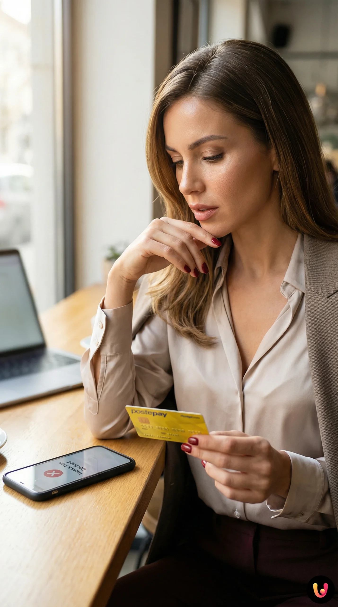 Carta Postepay gialla su scrivania vicino a smartphone con app di gestione bancaria aperta