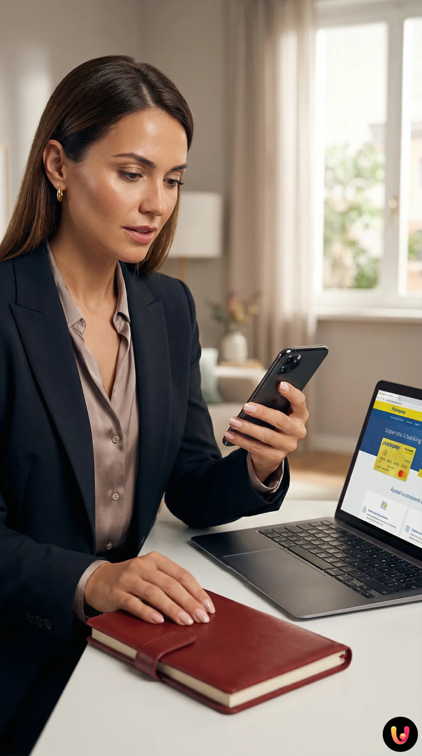 Utente preoccupato controlla saldo Postepay su smartphone con carta in mano