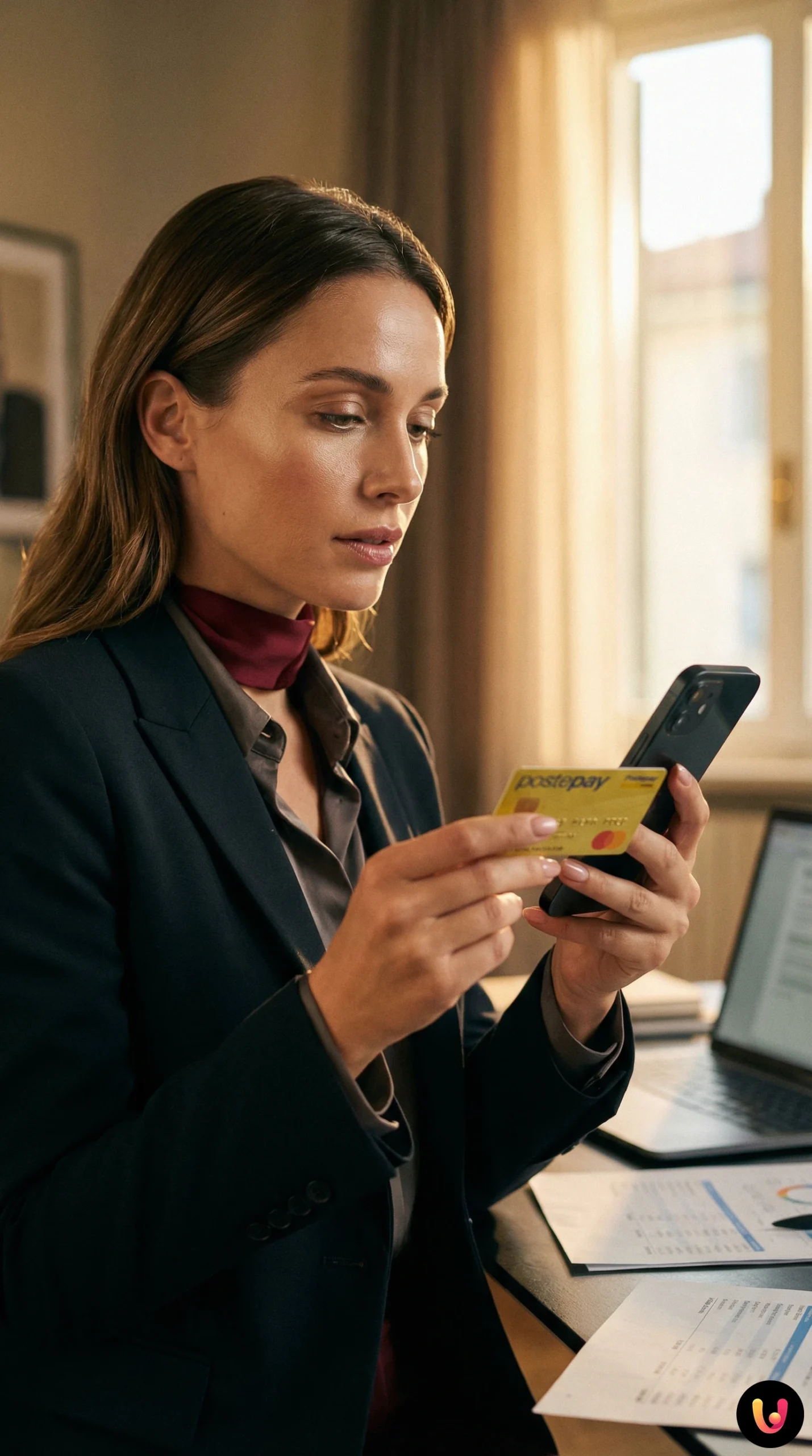 Utente controlla saldo su app Postepay con carta di pagamento in mano