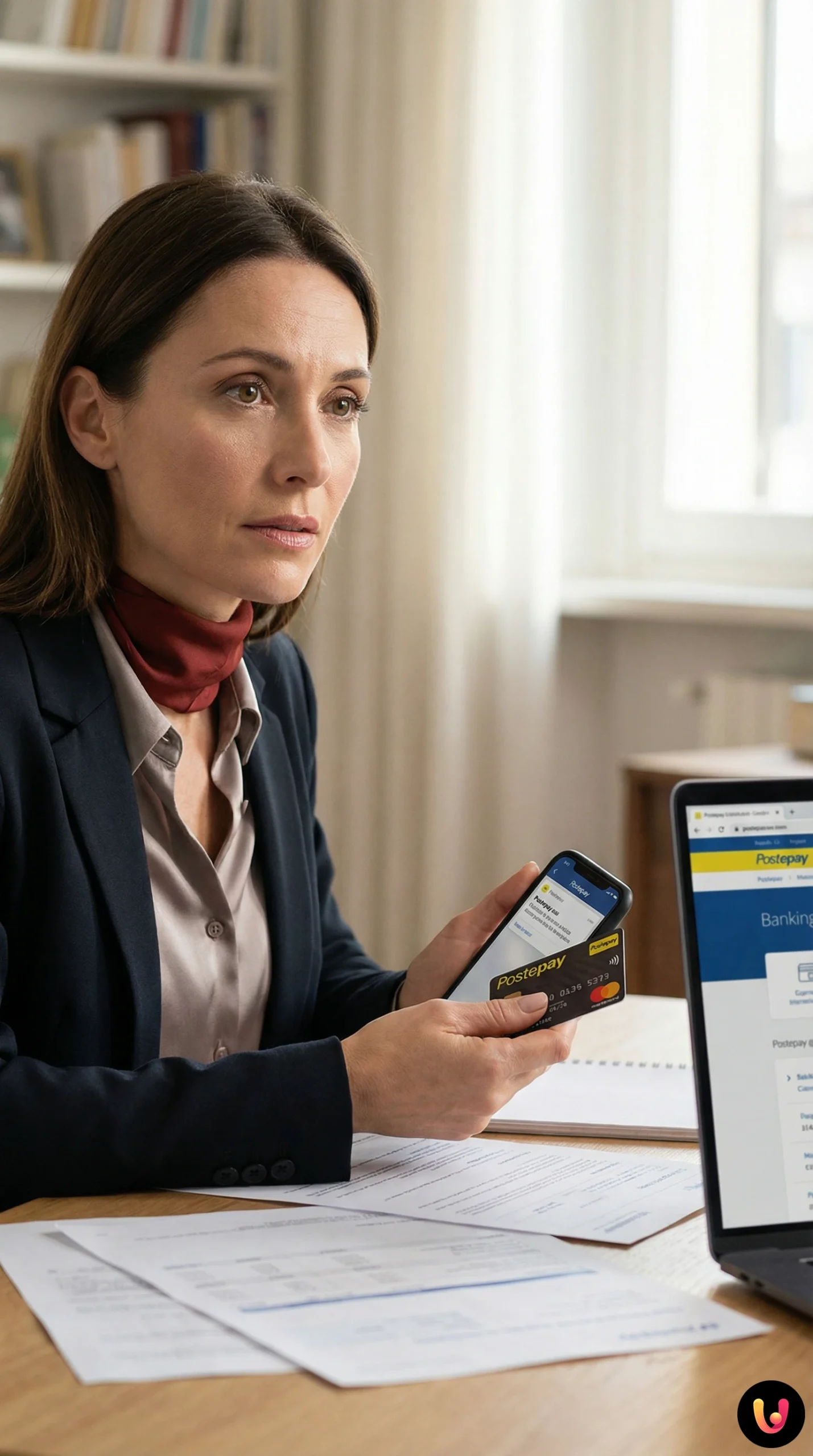 Carta Postepay gialla e smartphone con app di banking aperta per controllo saldo