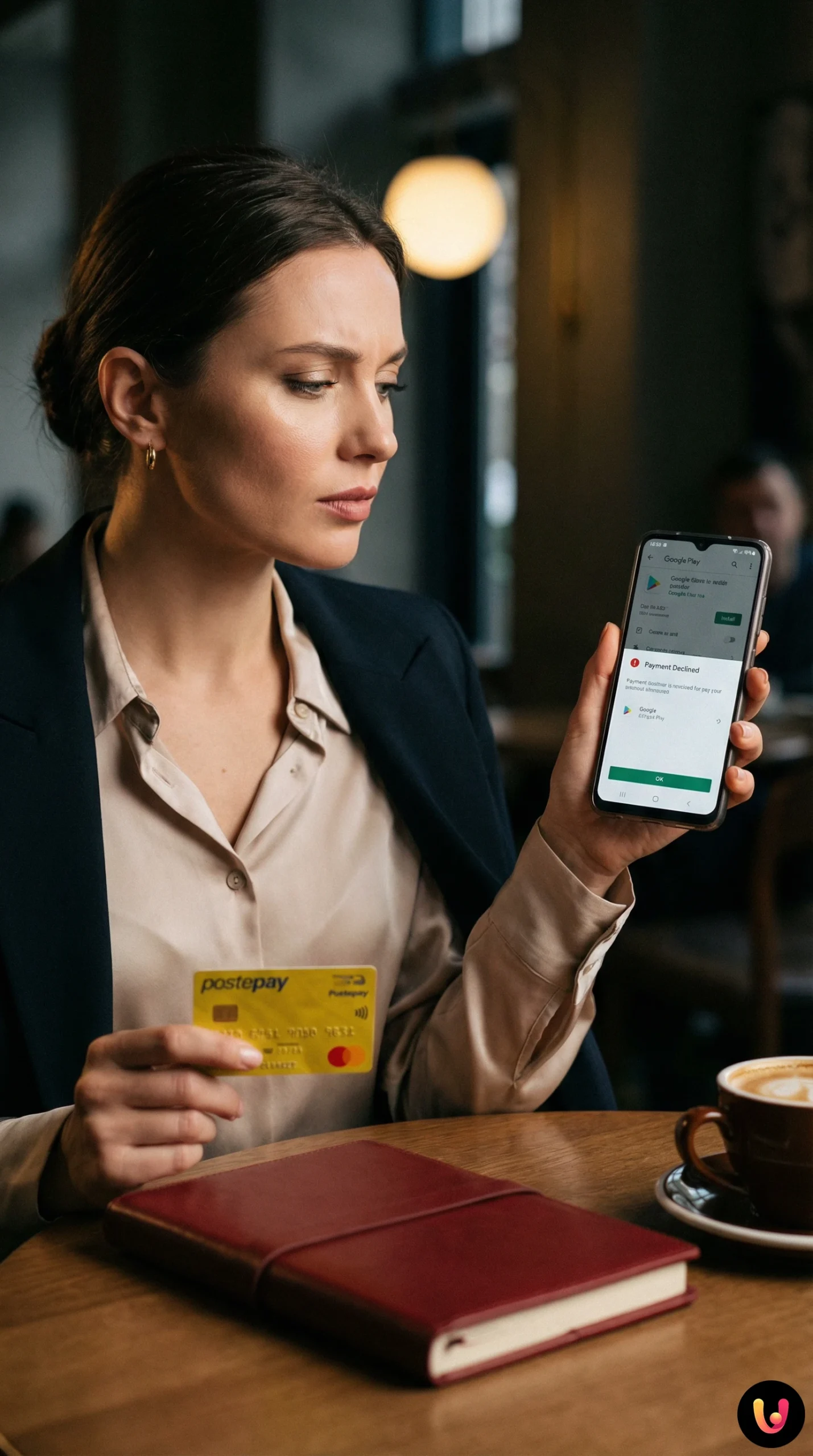 Smartphone mostra errore Google Play con carta Postepay a lato