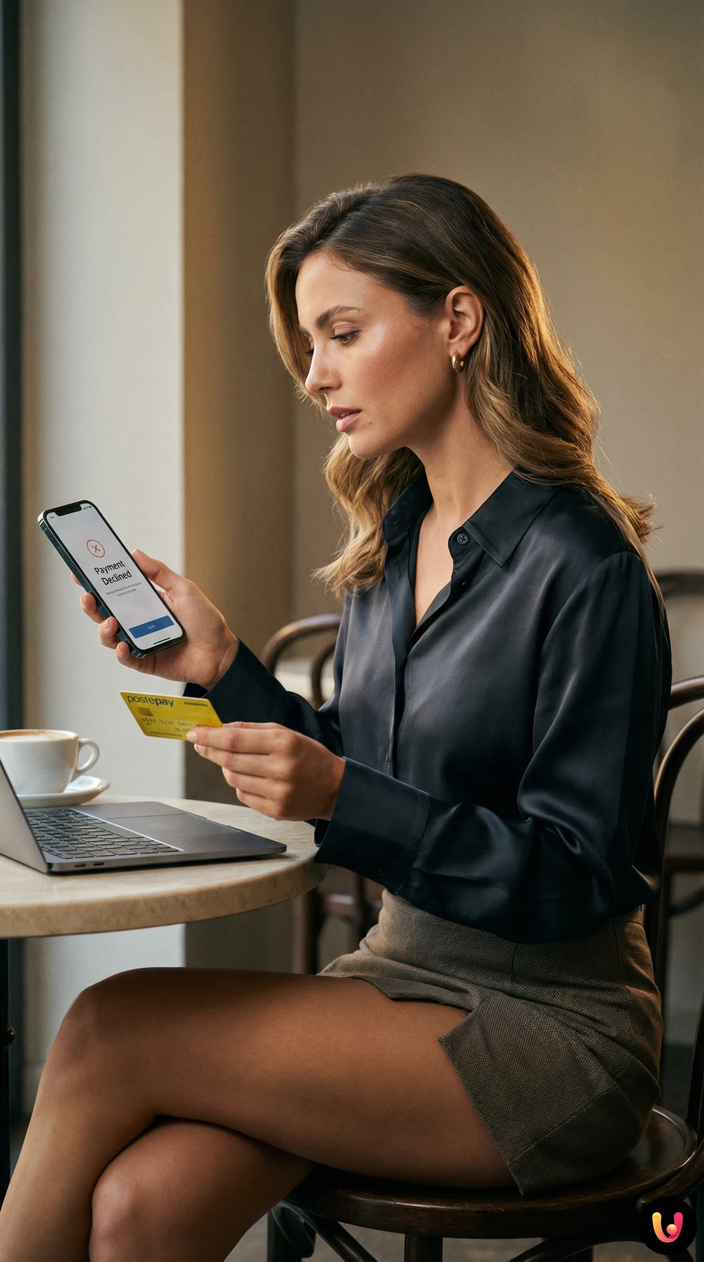 Carta Postepay gialla e smartphone con notifica di pagamento rifiutato