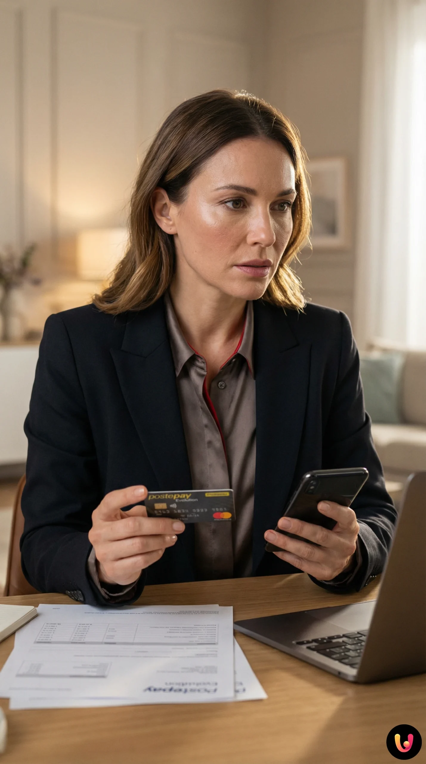 Carta di pagamento Postepay appoggiata su documenti legali e calcolatrice