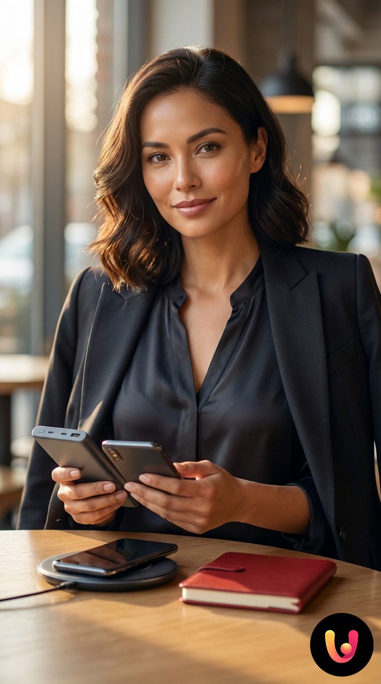 Smartphone apoyado sobre base de carga inal&aacute;mbrica junto a un power bank moderno