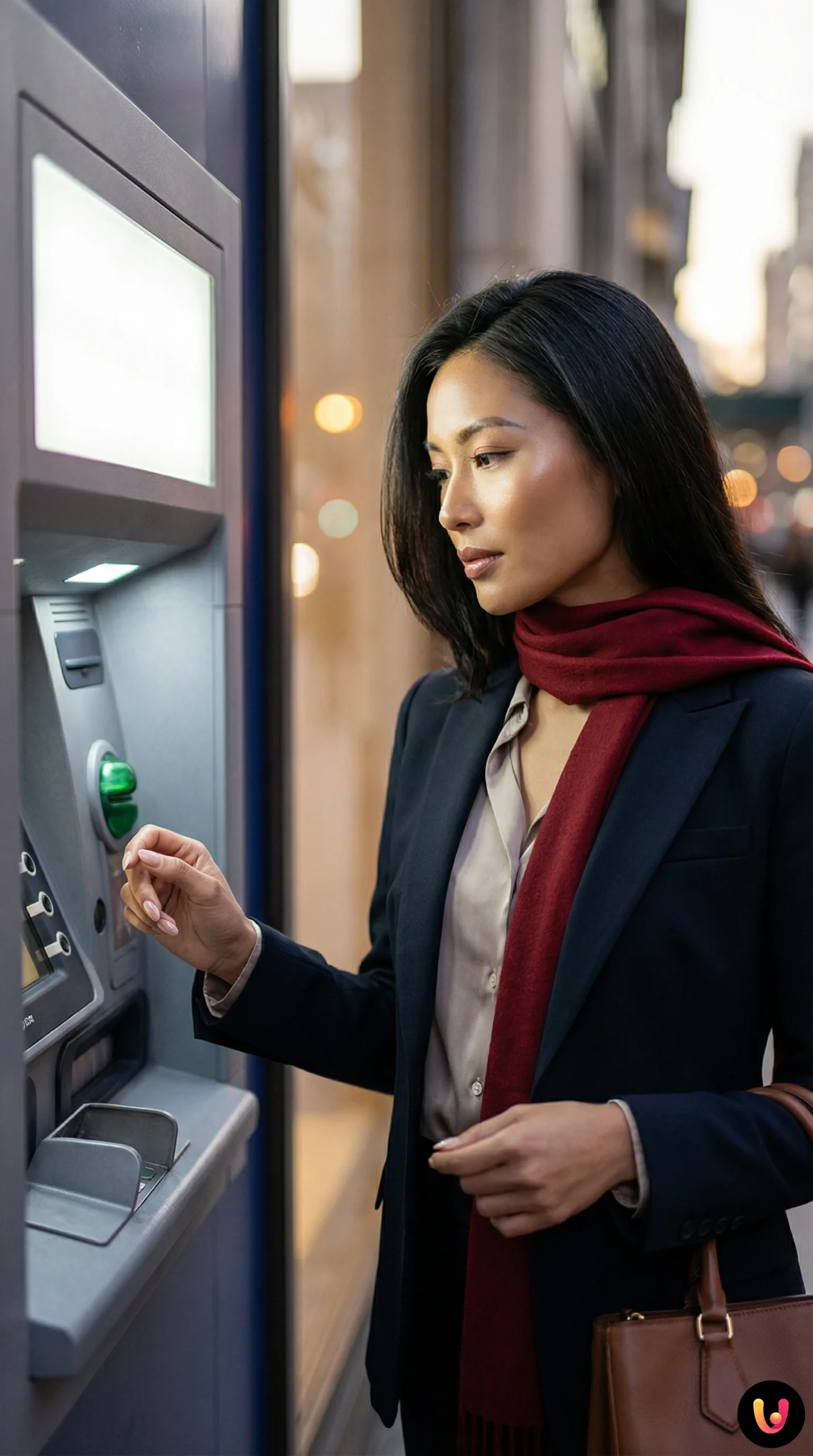 Utente allo sportello Bancomat mentre preleva denaro contante