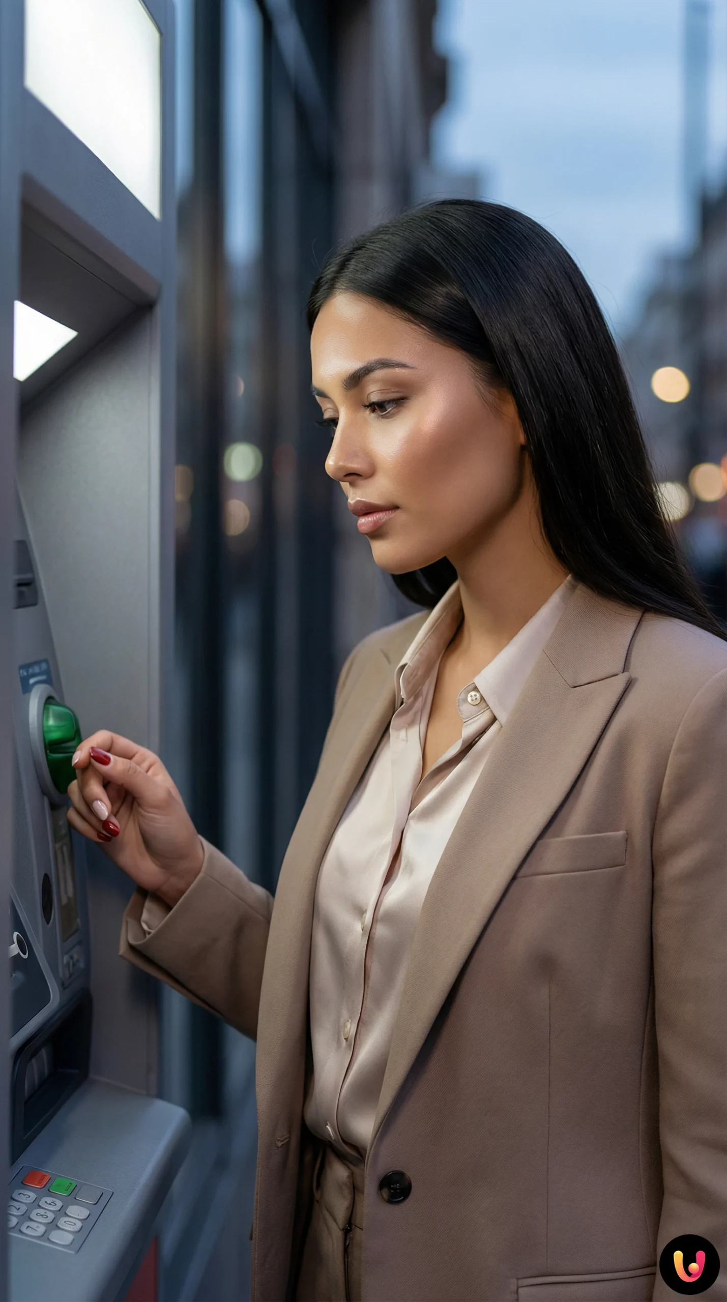 Persoană care retrage bani de la Bancomat protej&acirc;nd codul PIN pe tastatură.