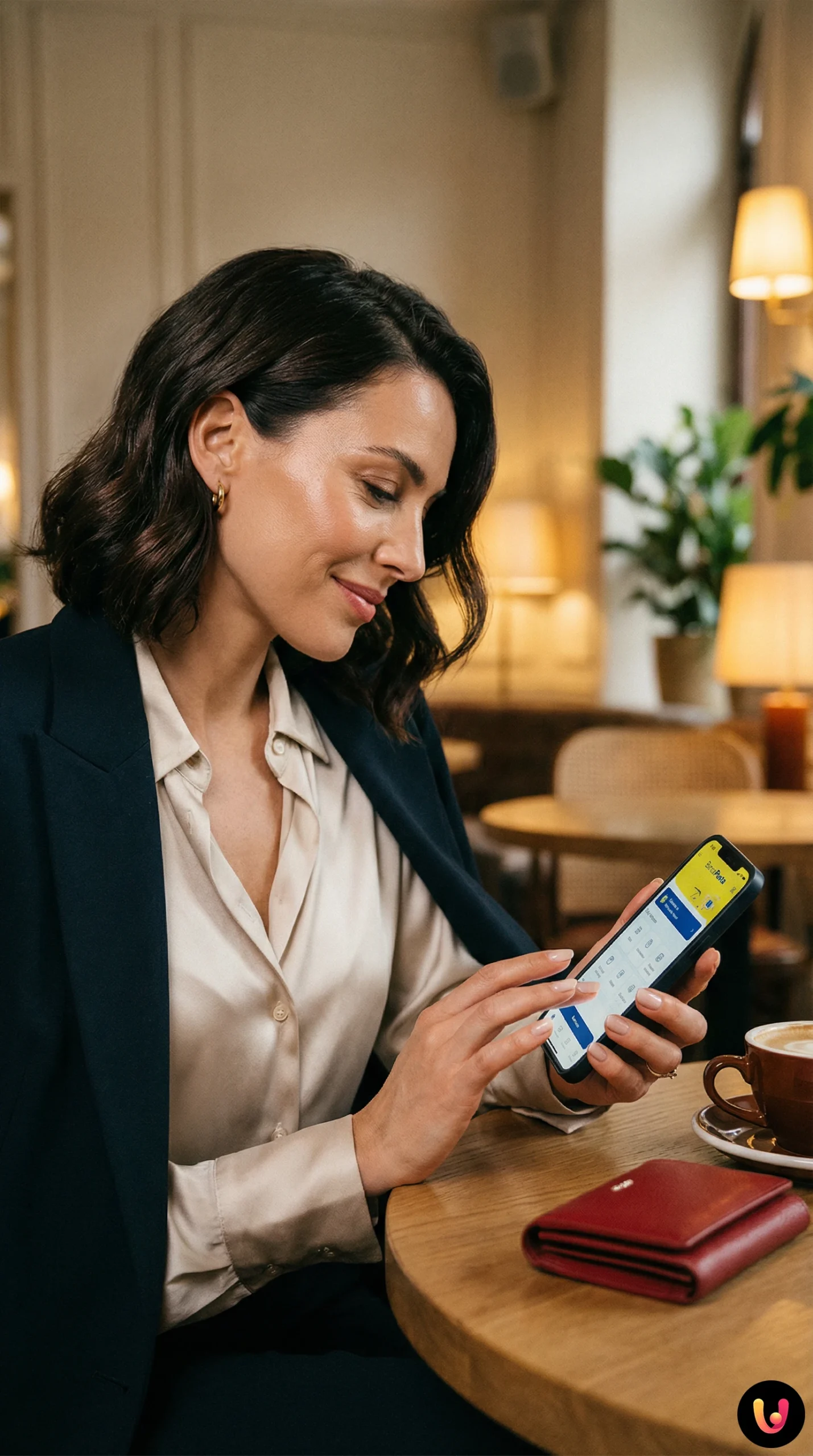 Utilizator consultă smartphone-ul &icirc;n fața unui ghișeu ATM Postamat