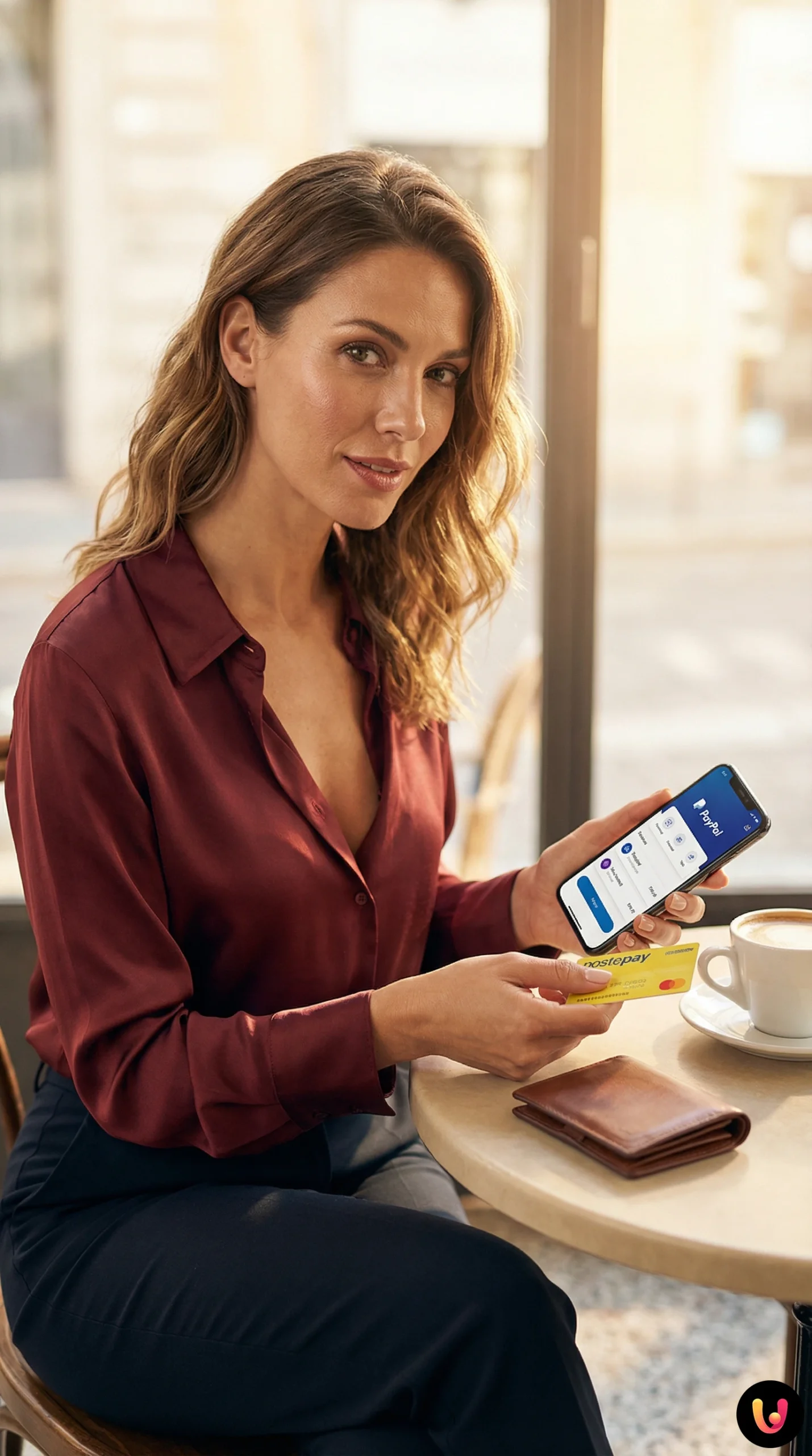 Smartphone con app PayPal aperta e carta Postepay per pagamenti online.