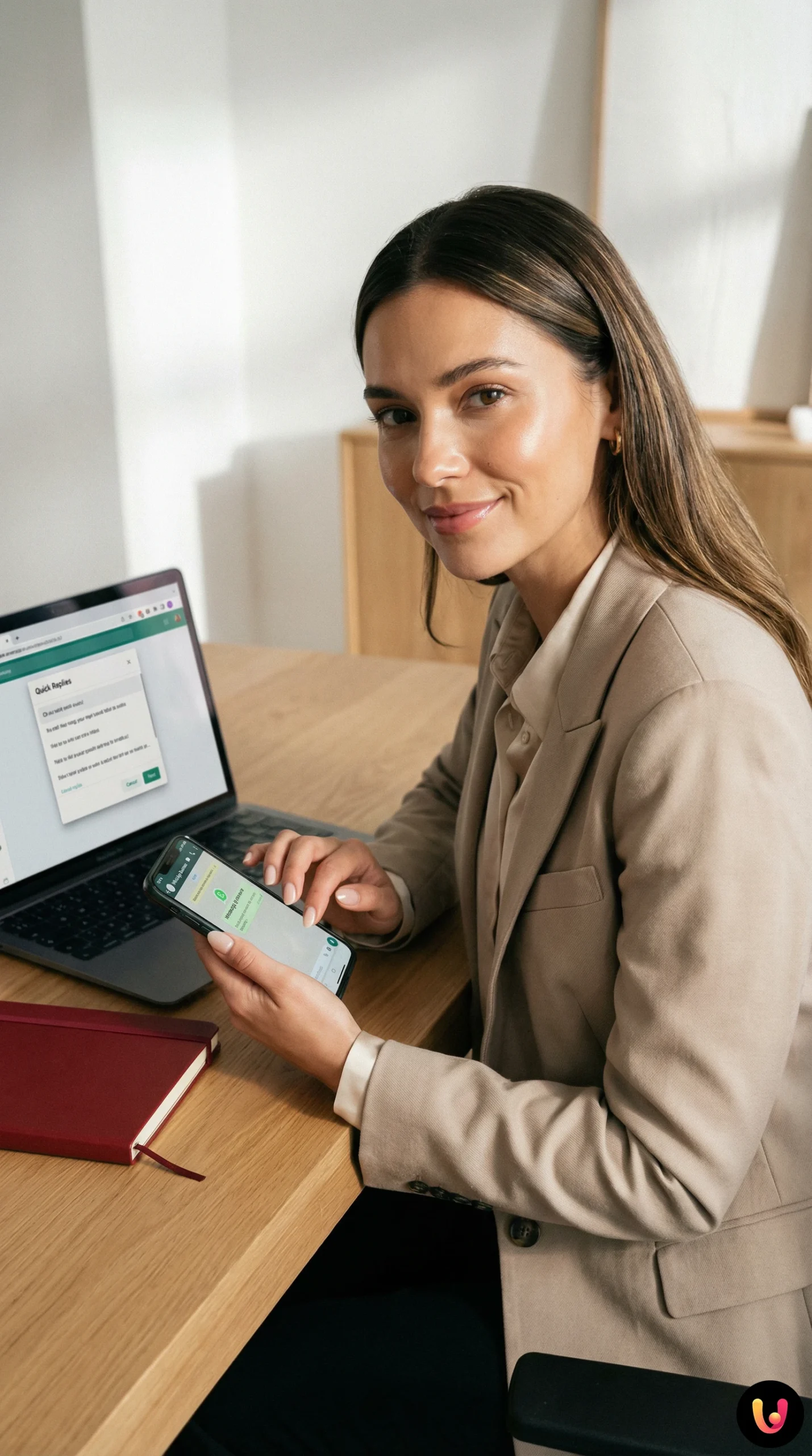Operador al ordenador utiliza WhatsApp Business Web para responder a los clientes