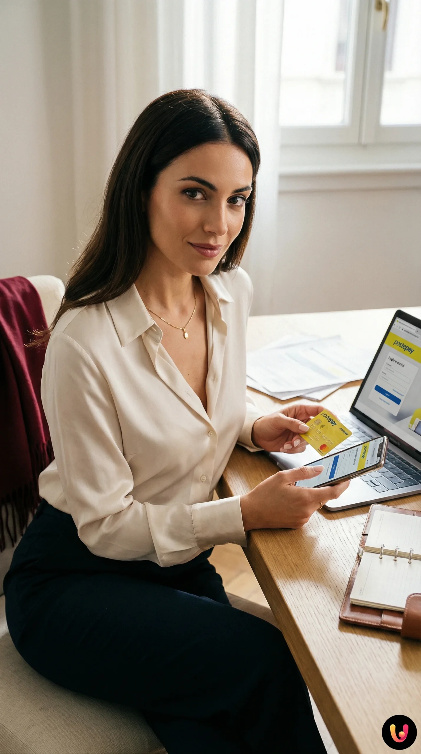 Carta Postepay appoggiata su una scrivania vicino a un computer per lo sblocco online.