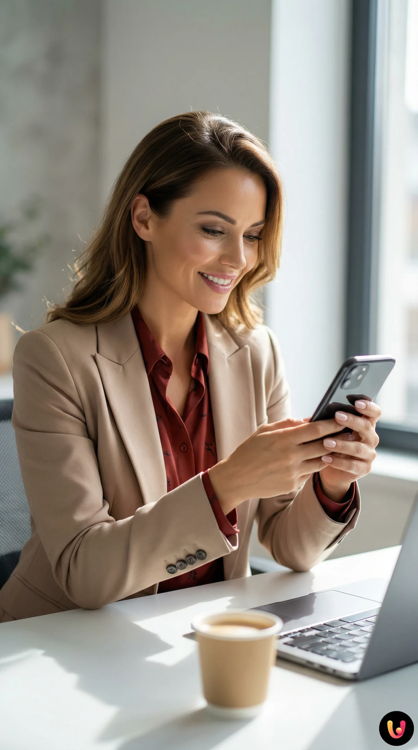 WhatsApp en el trabajo: Etiqueta para Stickers y GIF Smartphone y portátil con chat de WhatsApp abierto en un contexto de oficina moderna