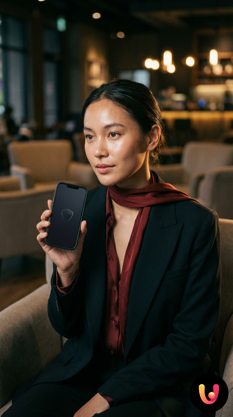 VPN no Smartphone: Proteção de Dados e Privacidade Móvel Utilizador navega no smartphone com aplicação VPN ativa e segura