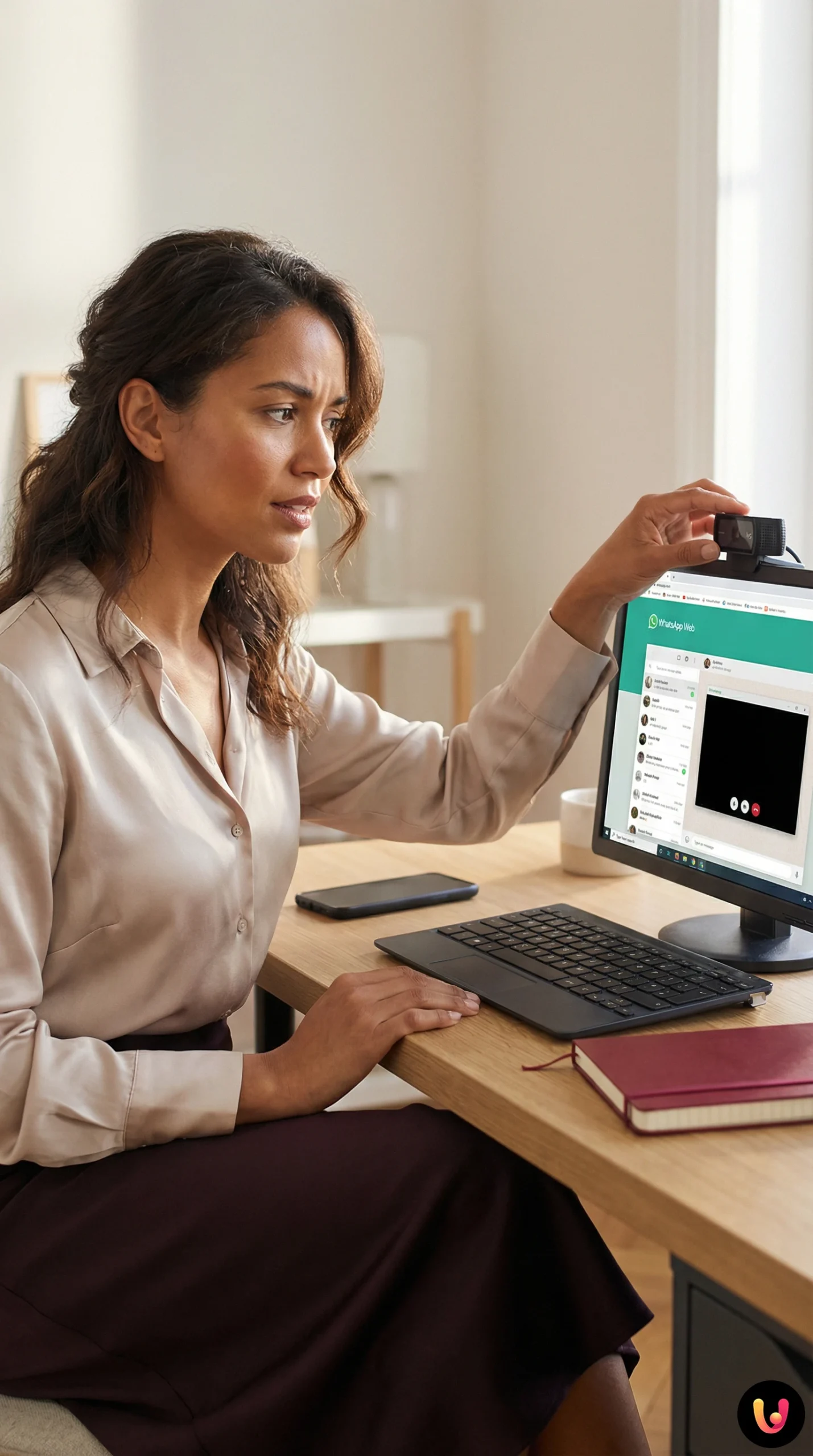 Utente verifica le impostazioni della webcam su un laptop per una videochiamata.