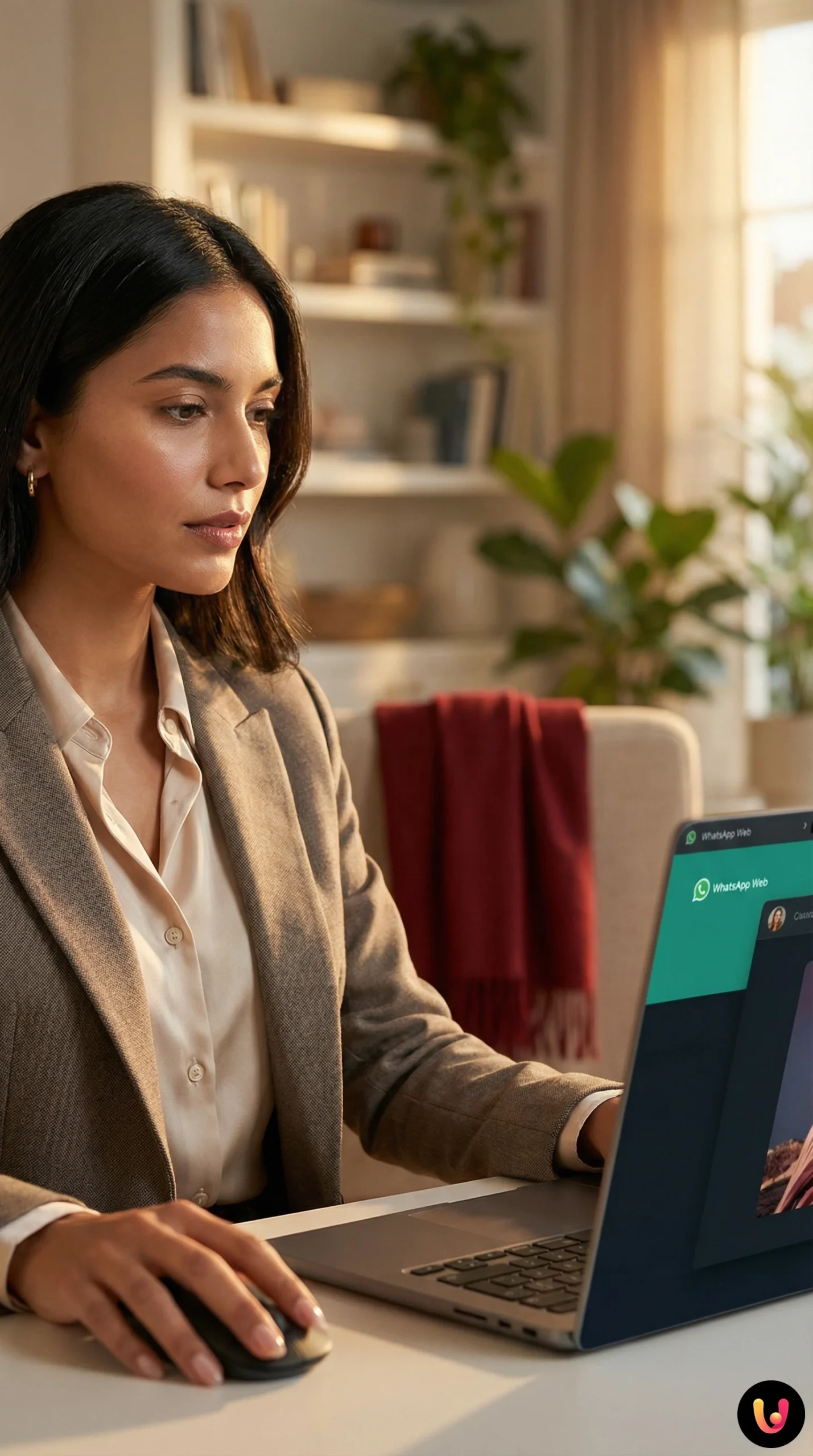 Laptop pe birou cu interfața WhatsApp Web &icirc;n mod &icirc;ntunecat și fundal personalizat