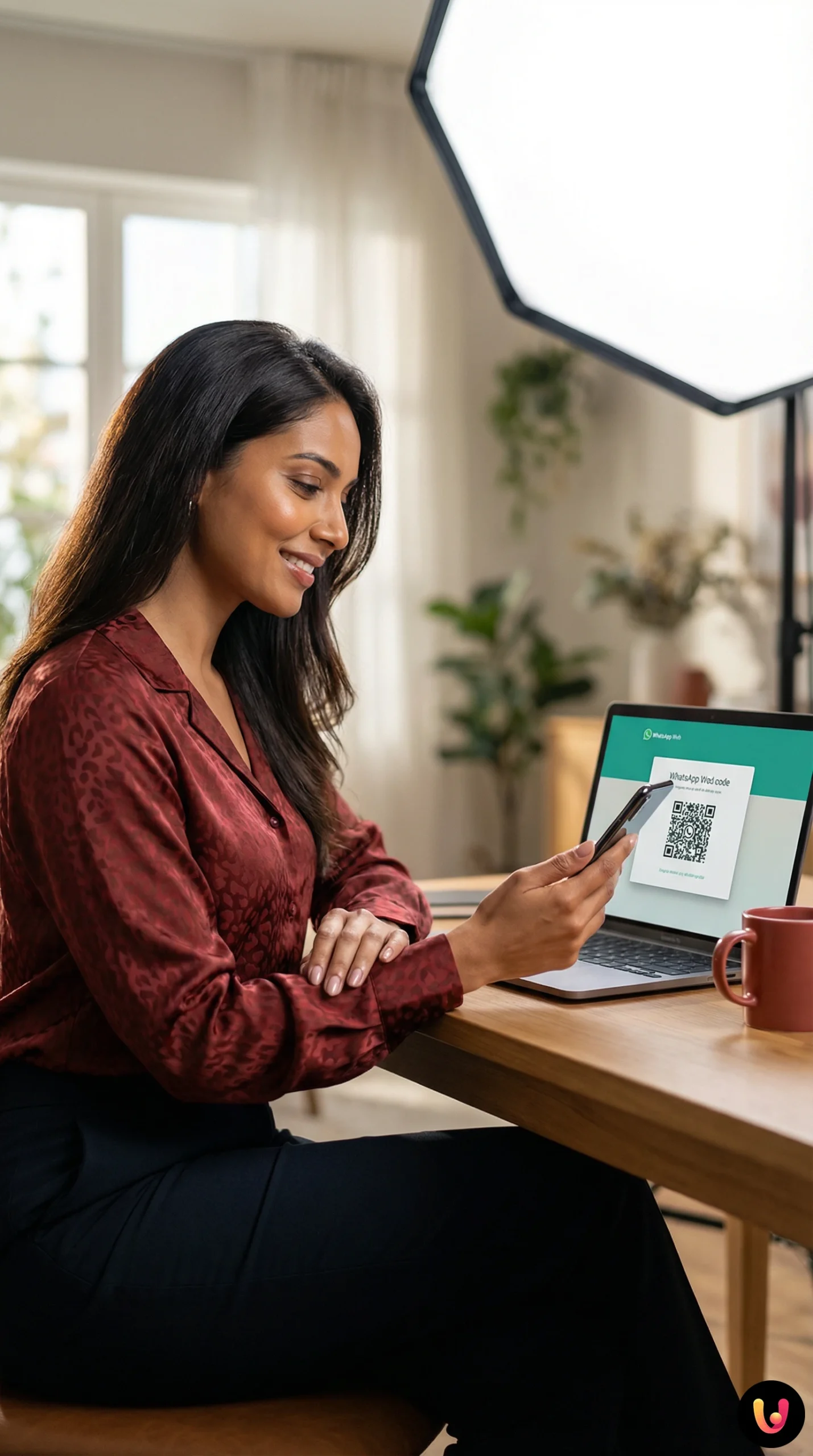 Computer screen with WhatsApp Web interface open and smartphone resting on the desk