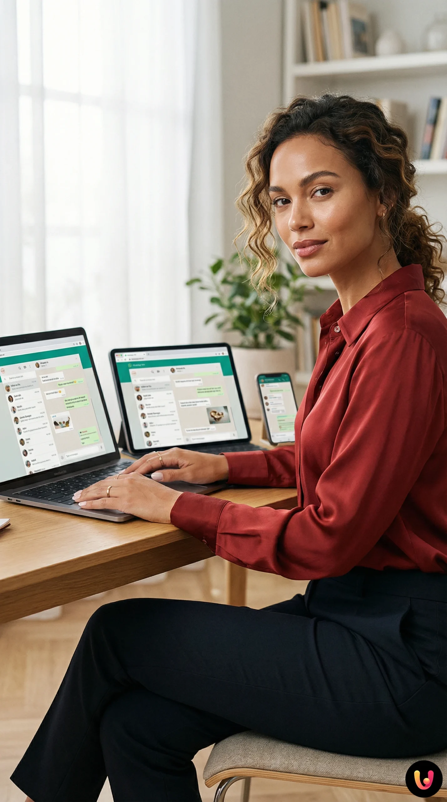 WhatsApp Web Multi-dispositivo: guia completo de utilização Ecrã do WhatsApp Web ativo em portátil e tablet com smartphone pousado na secretária