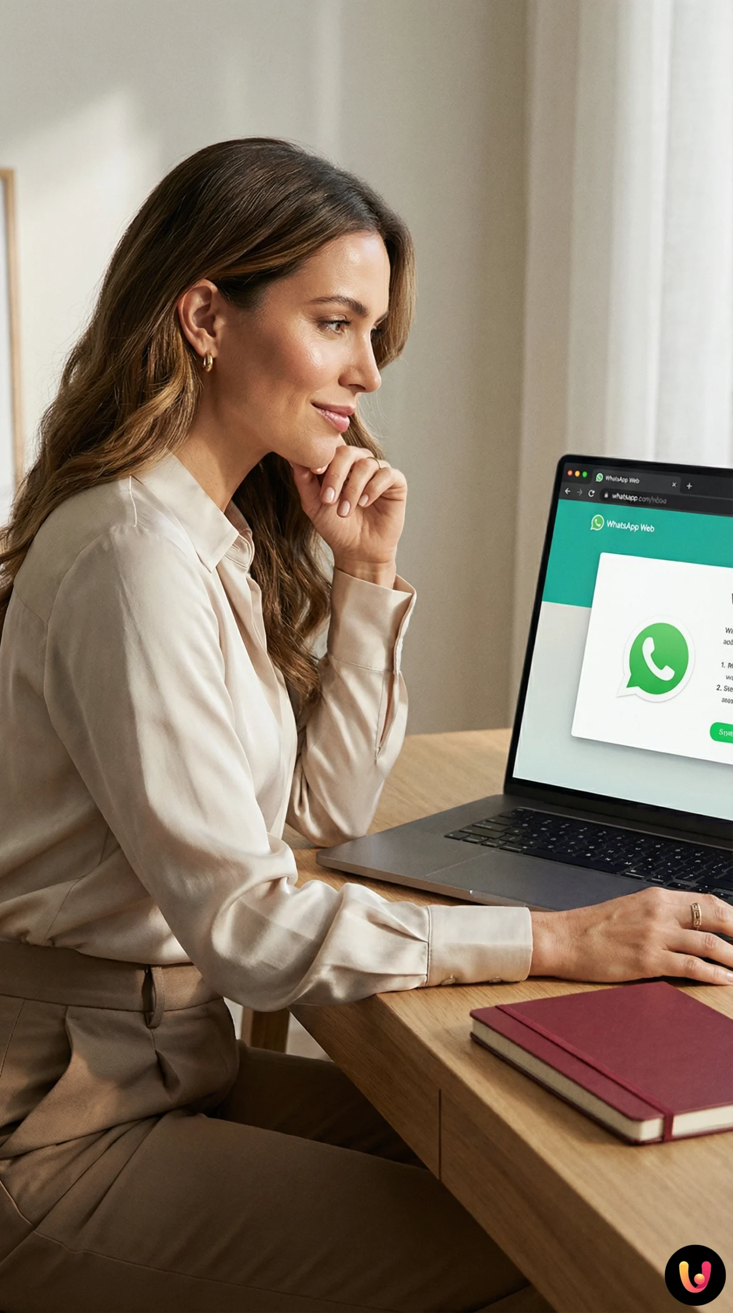 Laptop aperto su scrivania con interfaccia di WhatsApp Web in esecuzione