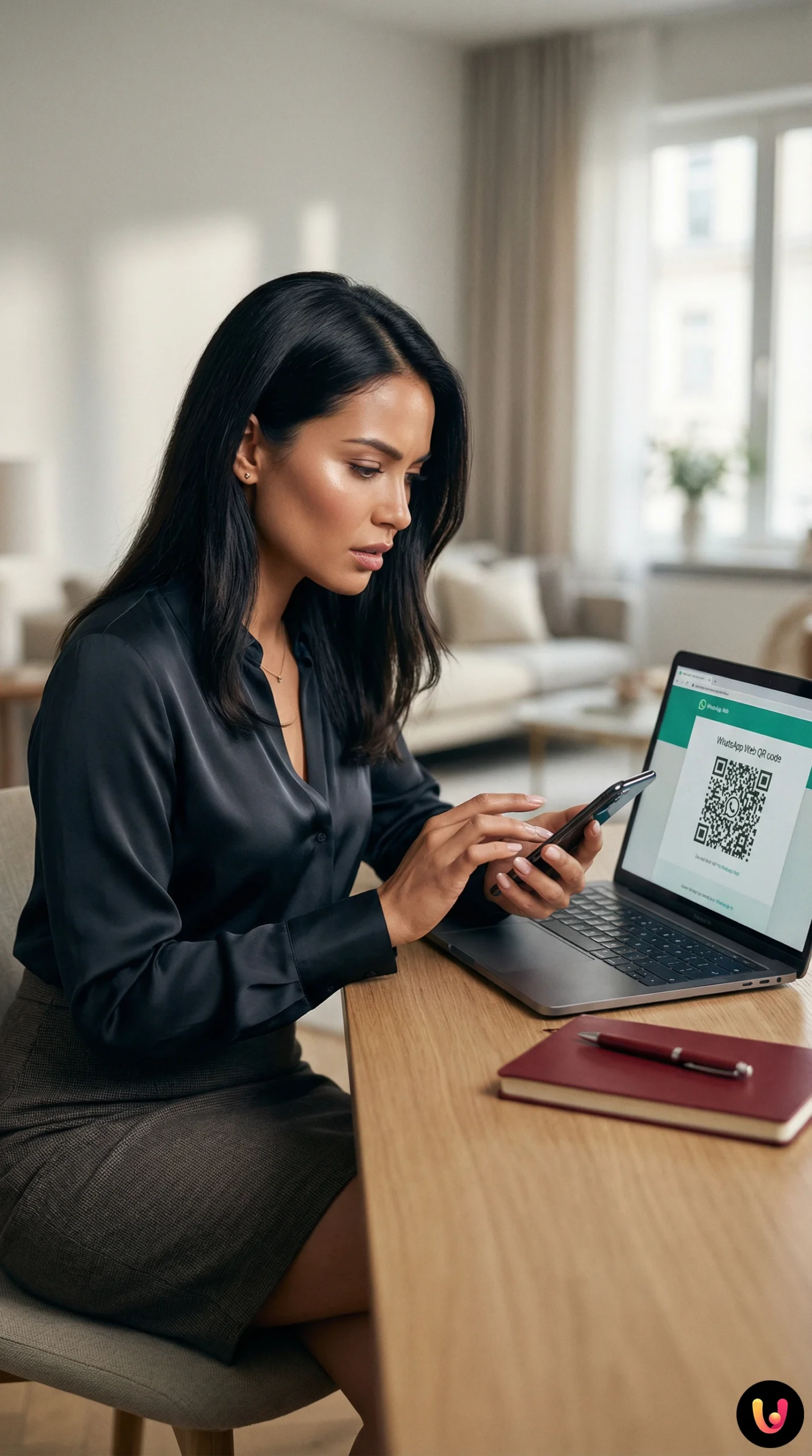 Smartphone scansiona codice QR su schermo laptop per accedere a WhatsApp Web