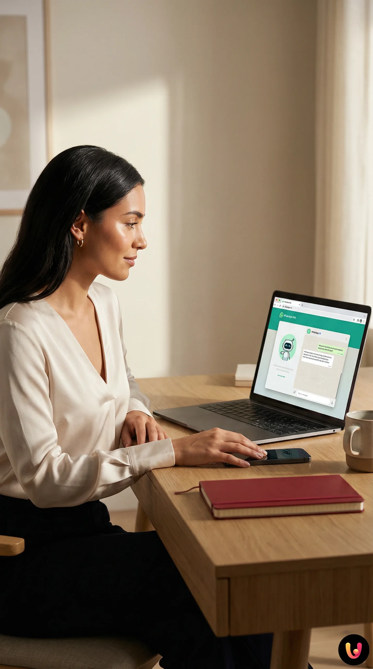 Schermo computer con interfaccia WhatsApp Web e icone di intelligenza artificiale