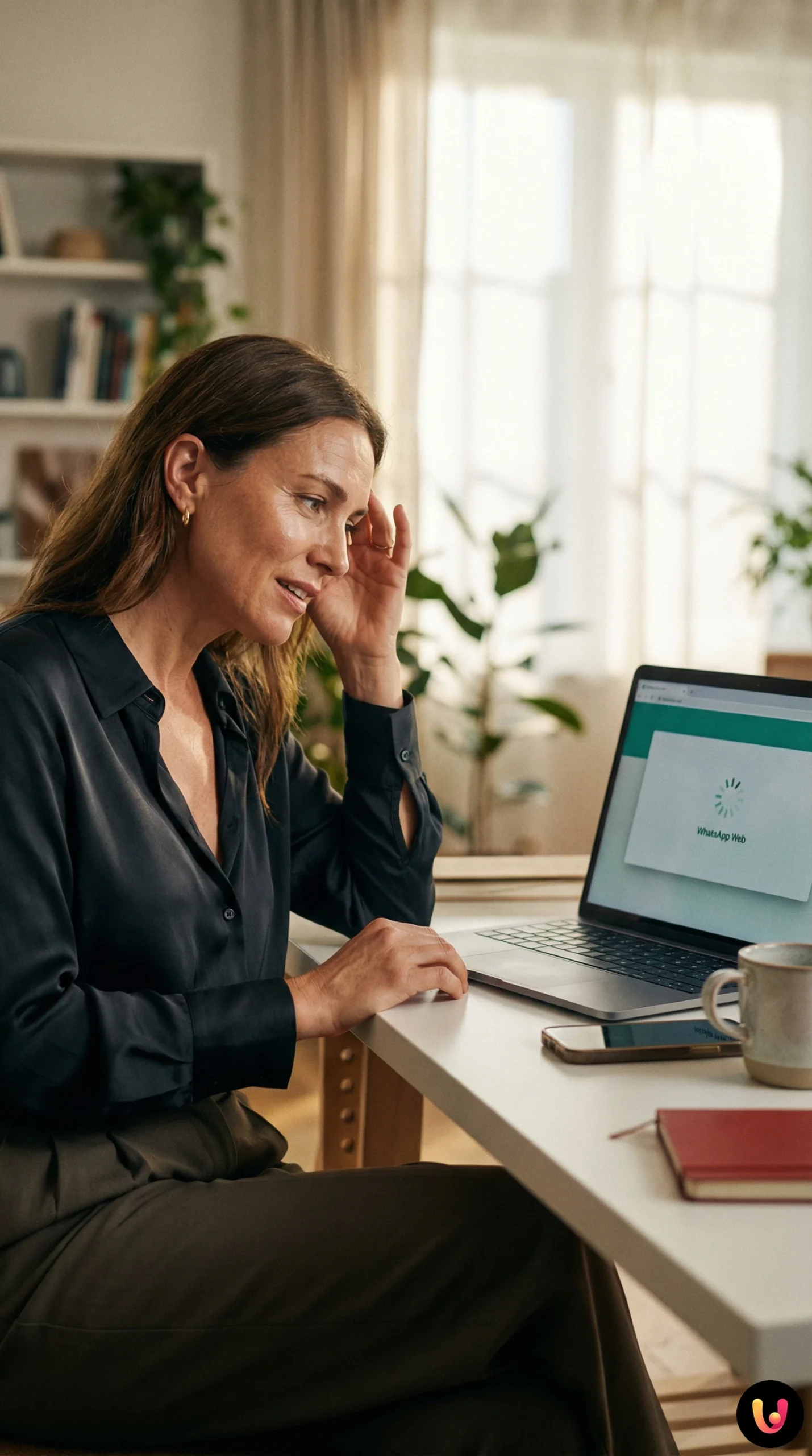 Schermo del computer con icona di caricamento bloccata su WhatsApp Web