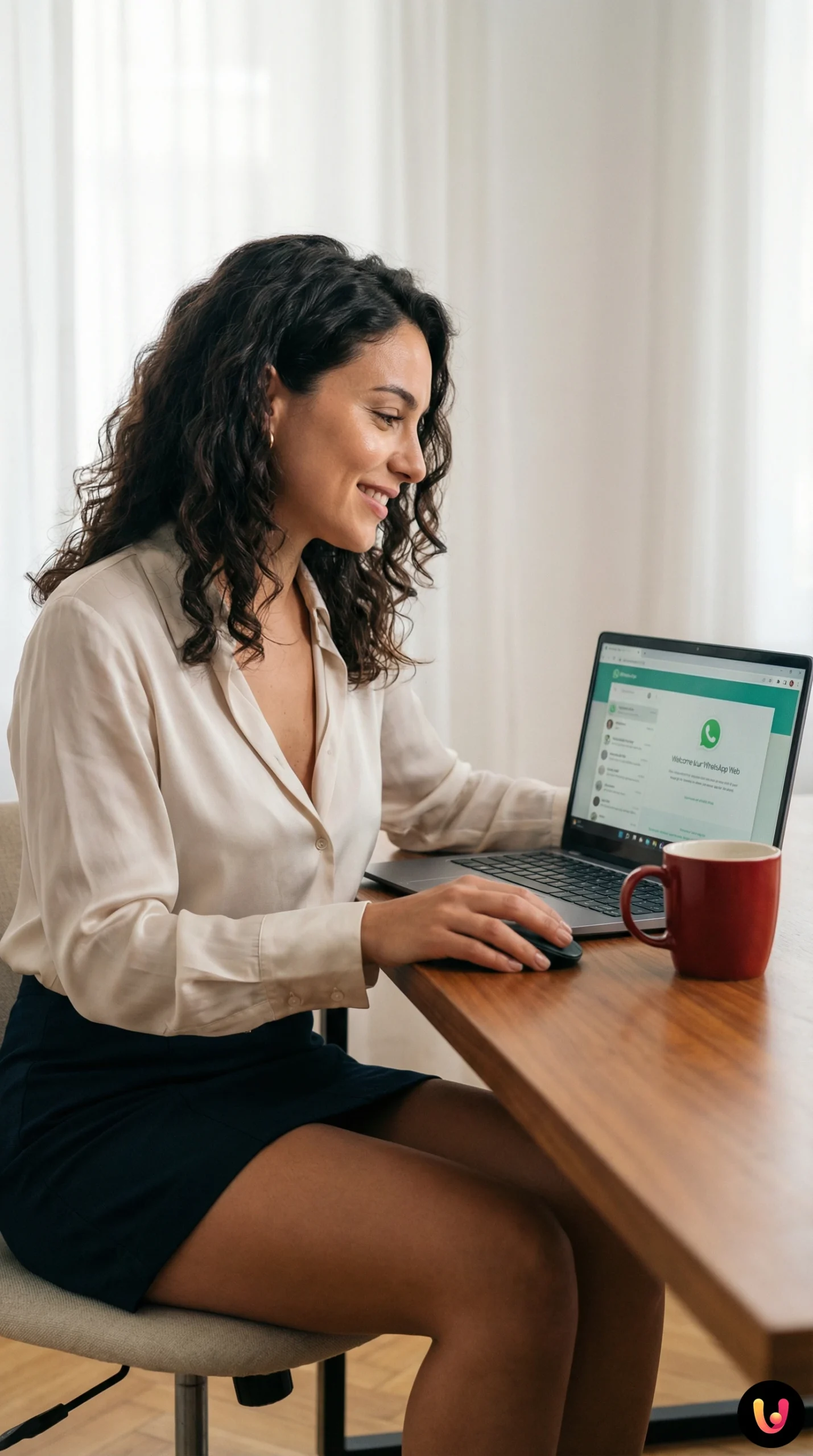 Schermata di WhatsApp Web su laptop con smartphone accanto per la scansione QR