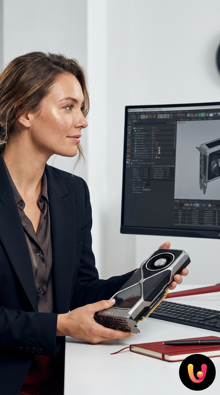 Postazione di lavoro professionale con monitor 4K e componenti hardware avanzati.