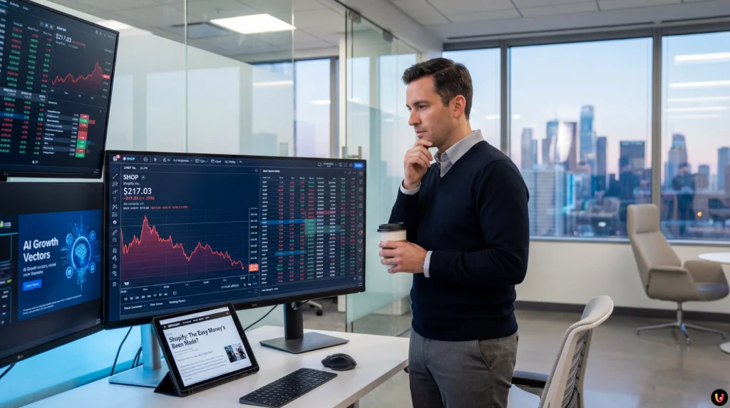 Graphique boursier et logo Shopify illustrant l'analyse financière de l'action SHOP