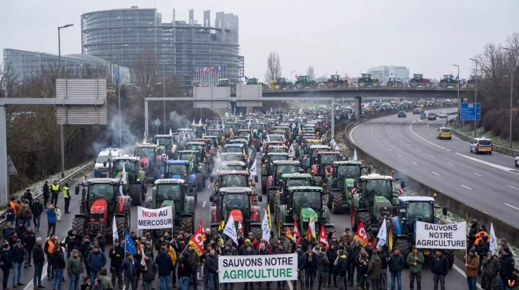 Agriculteurs à Strasbourg : la capitale européenne assiégée contre le Mercosur Tracteurs bloquant les rues de Strasbourg devant le Parlement européen