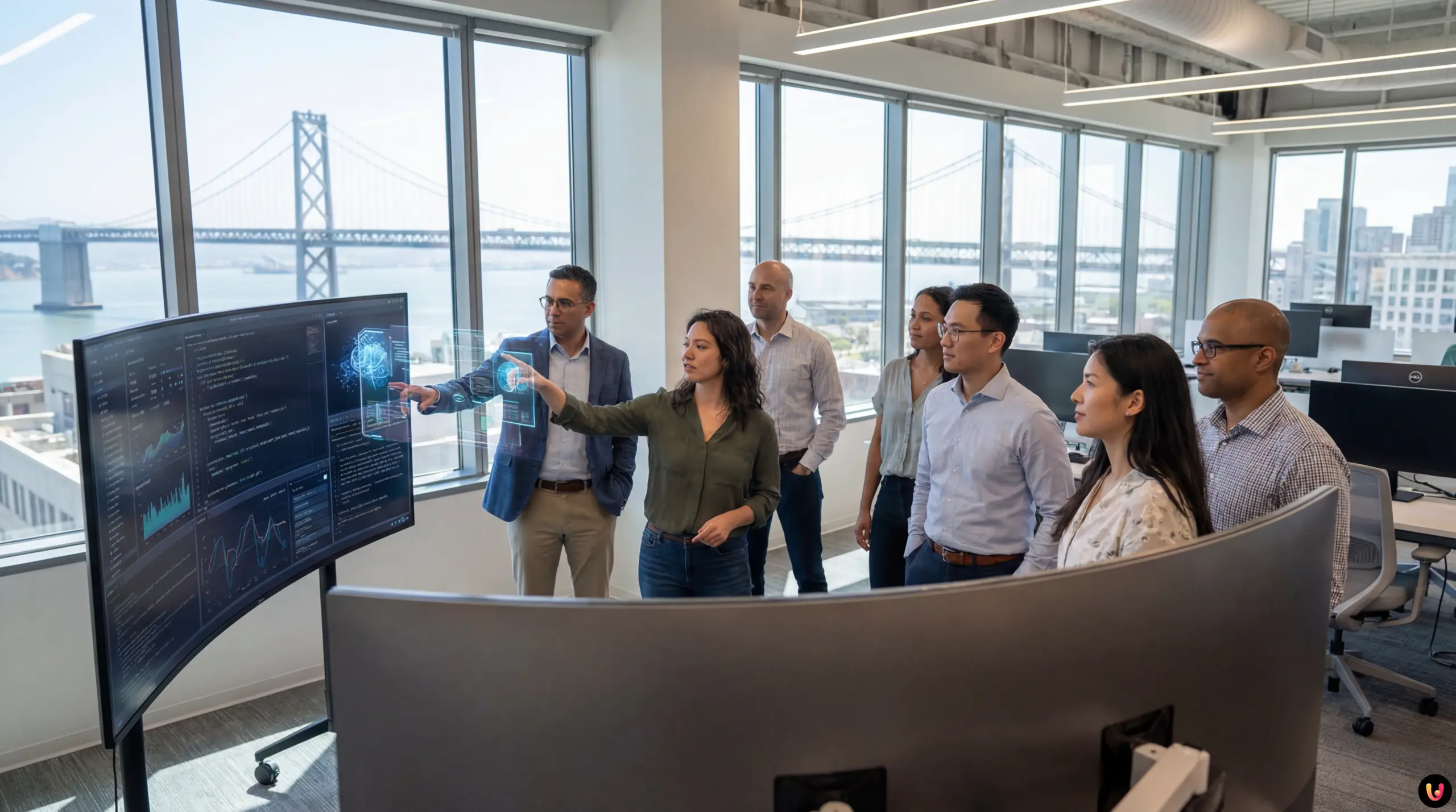 Futuristic San Francisco skyline with digital AI network nodes connecting buildings