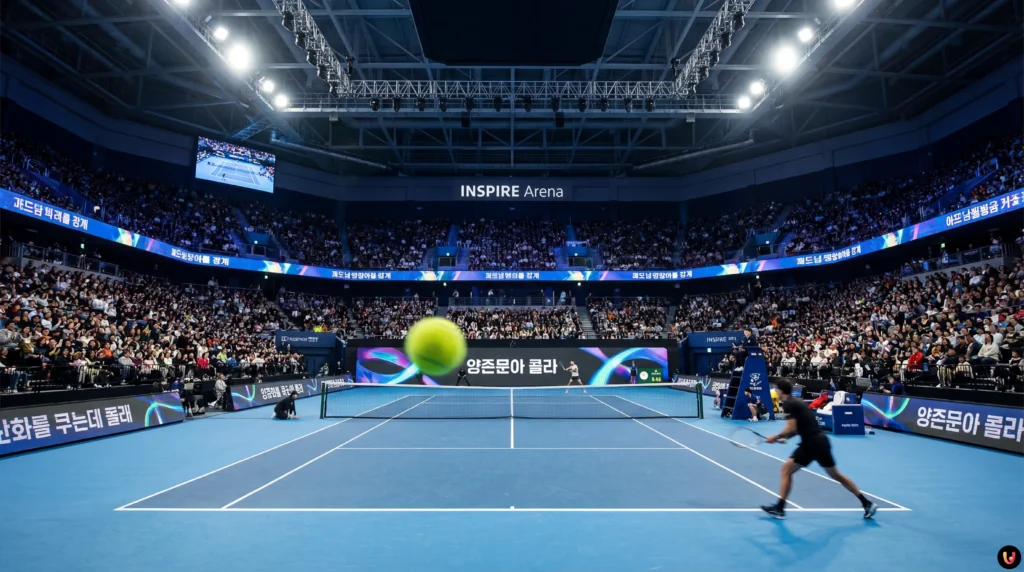 Carlos Alcaraz et Jannik Sinner sur le court lors de l'exhibition à Séoul