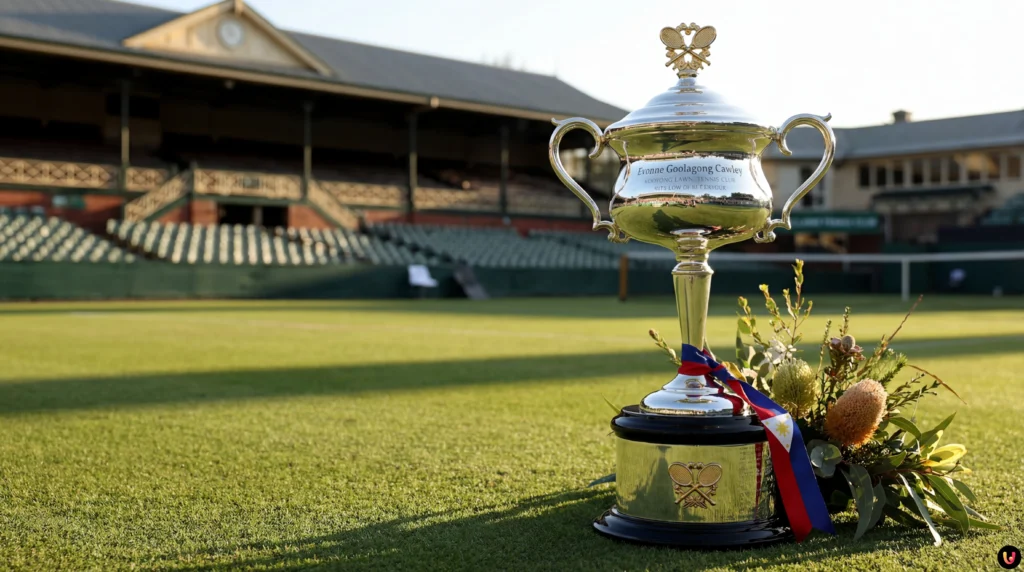 Alex Eala remporte le trophée Evonne Goolagong : Le soft power philippin triomphe à Kooyong Alex Eala souriante tenant le trophée Evonne Goolagong sur le court de tennis de Kooyong.