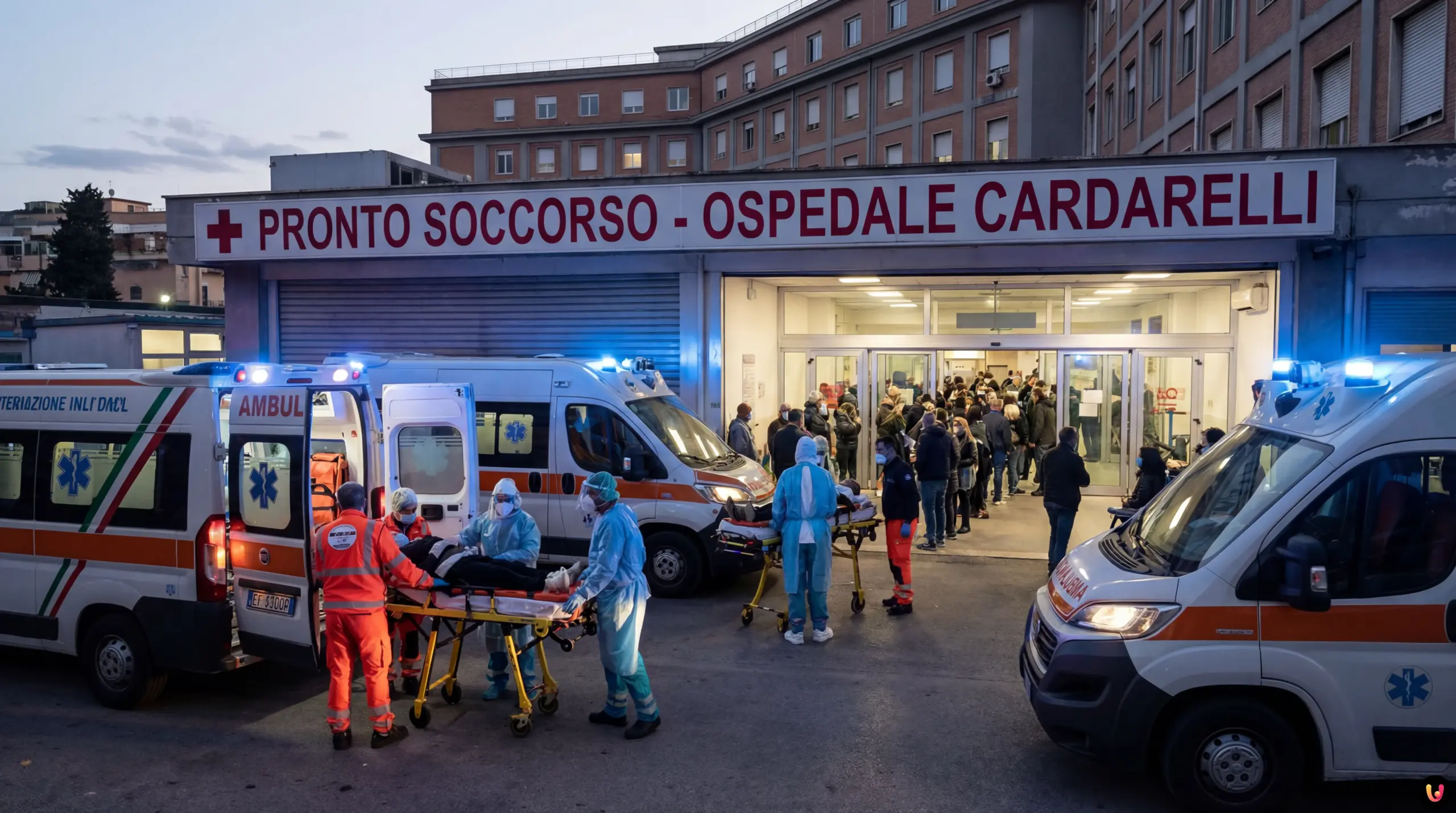 Corsia di ospedale affollata a Napoli con personale medico e barelle in attesa