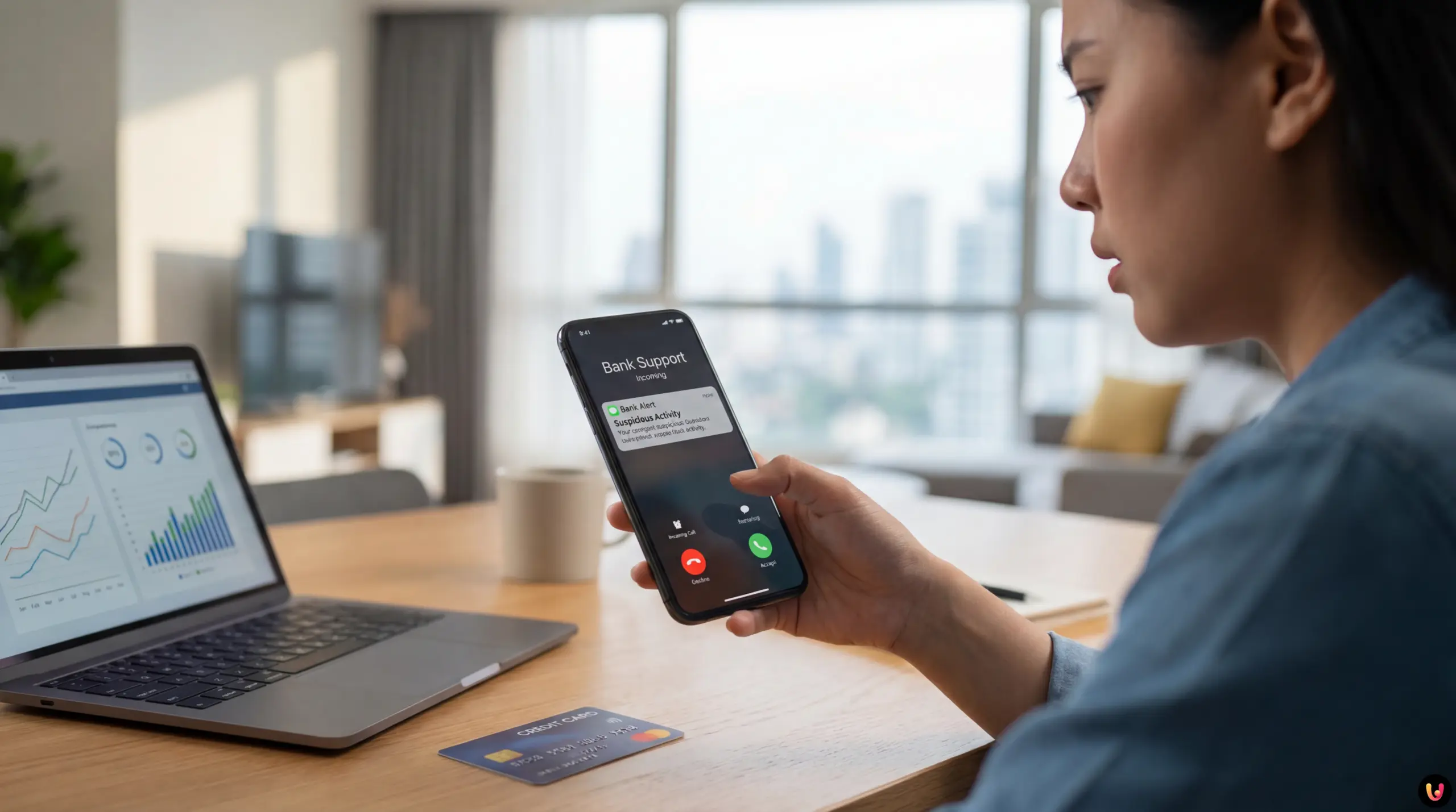 Smartphone con avviso chiamata banca e hacker che sottrae dati carte di credito e wallet