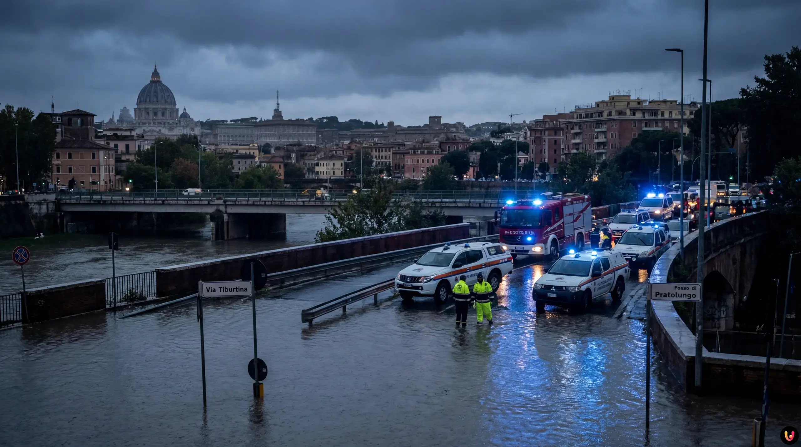 Strade allagate a Roma per esondazione fiume Aniene zona Tiburtina