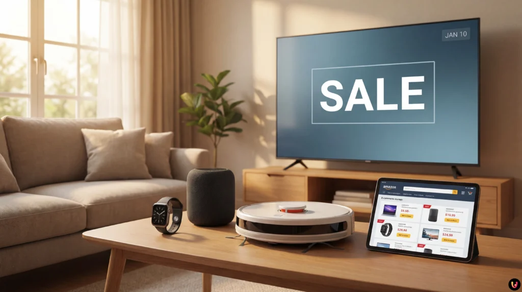 Grafica con logo Amazon e dispositivi elettronici in offerta speciale a gennaio 2026