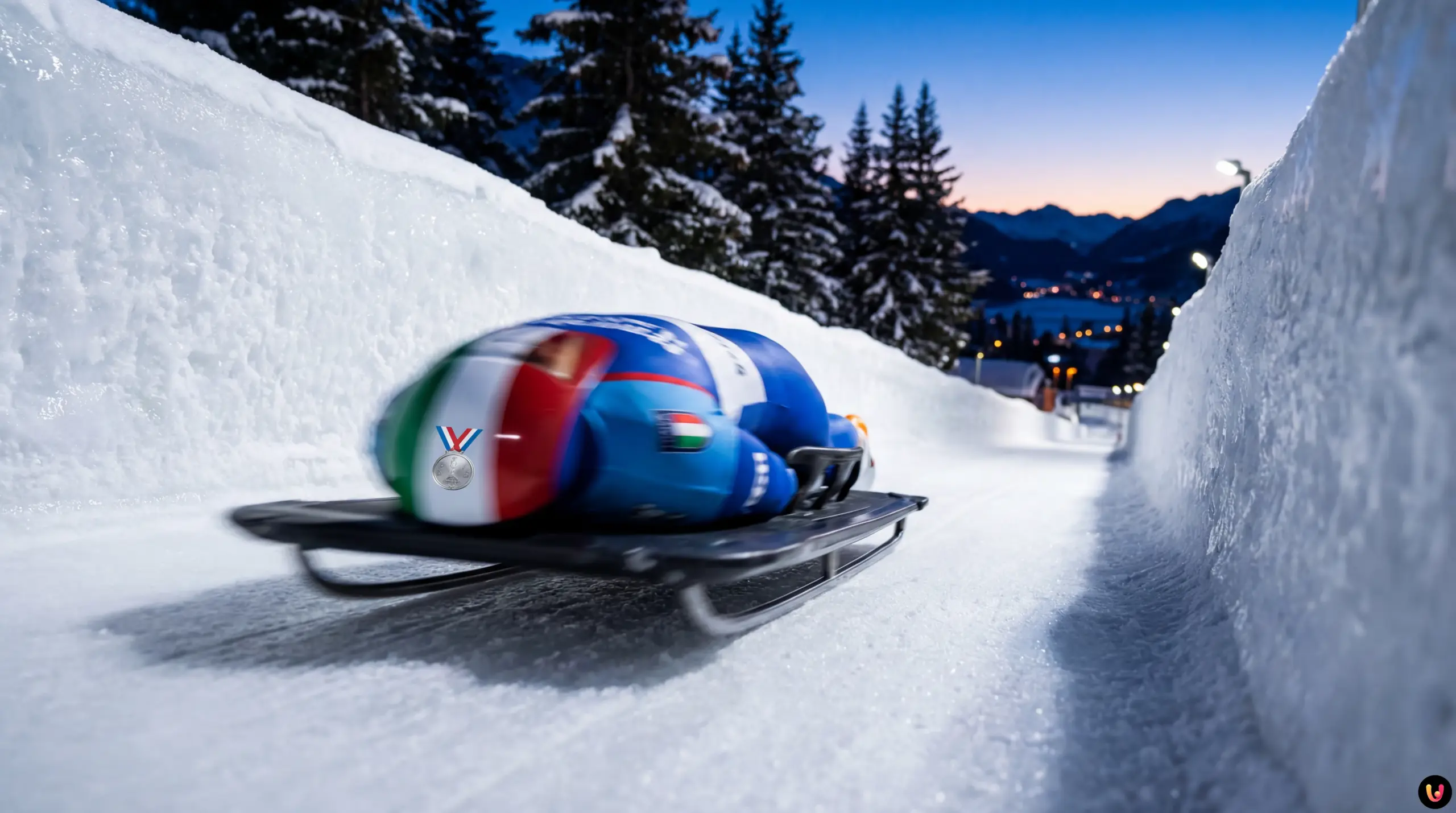 Amedeo Bagnis in gara con lo skeleton sulla pista ghiacciata di St. Moritz