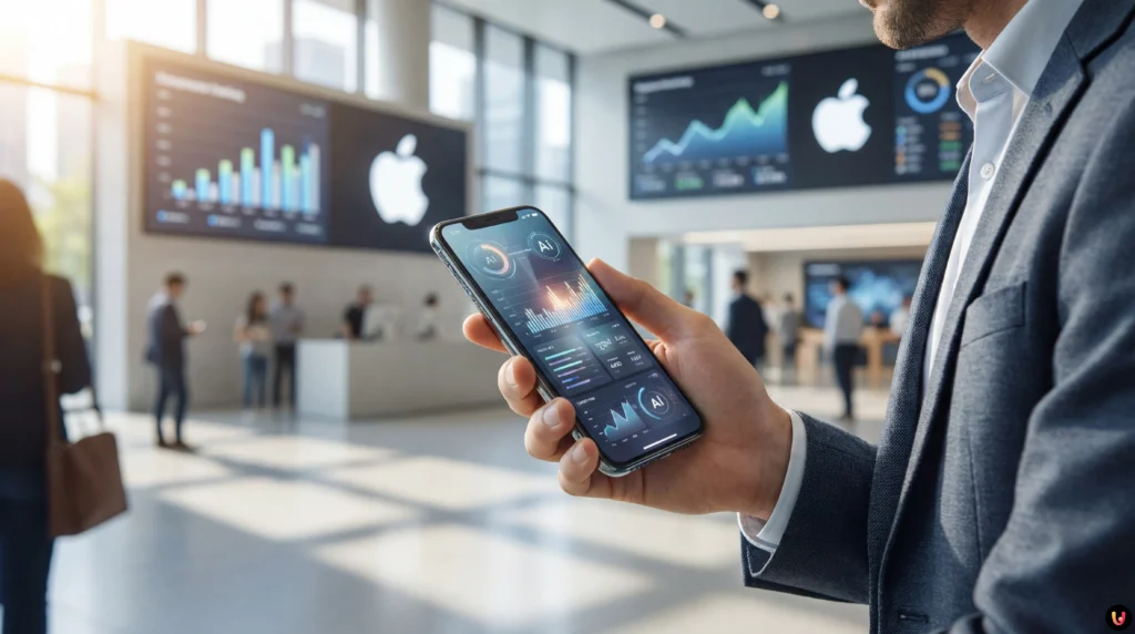 Logo Apple sur fond de graphiques boursiers en hausse et silhouette iPhone 17