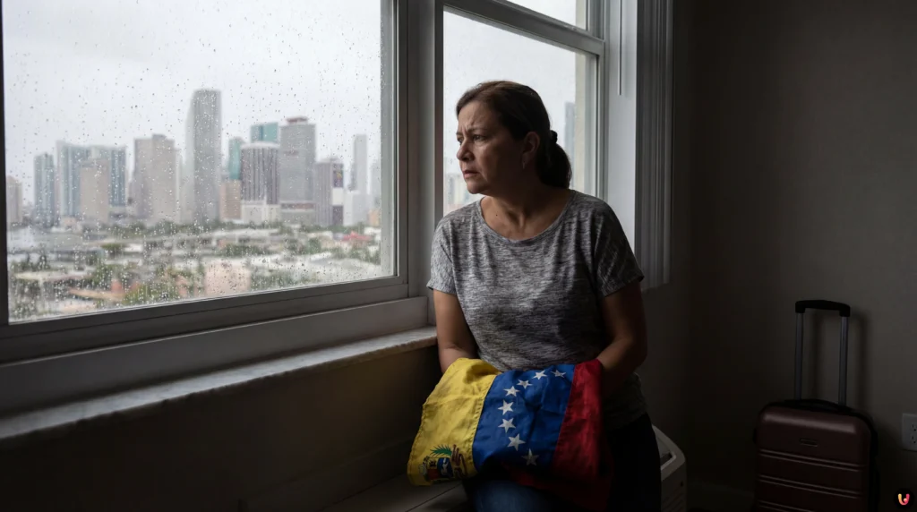 Rassemblement d'exil&eacute;s v&eacute;n&eacute;zu&eacute;liens aux &Eacute;tats-Unis brandissant des drapeaux nationaux.