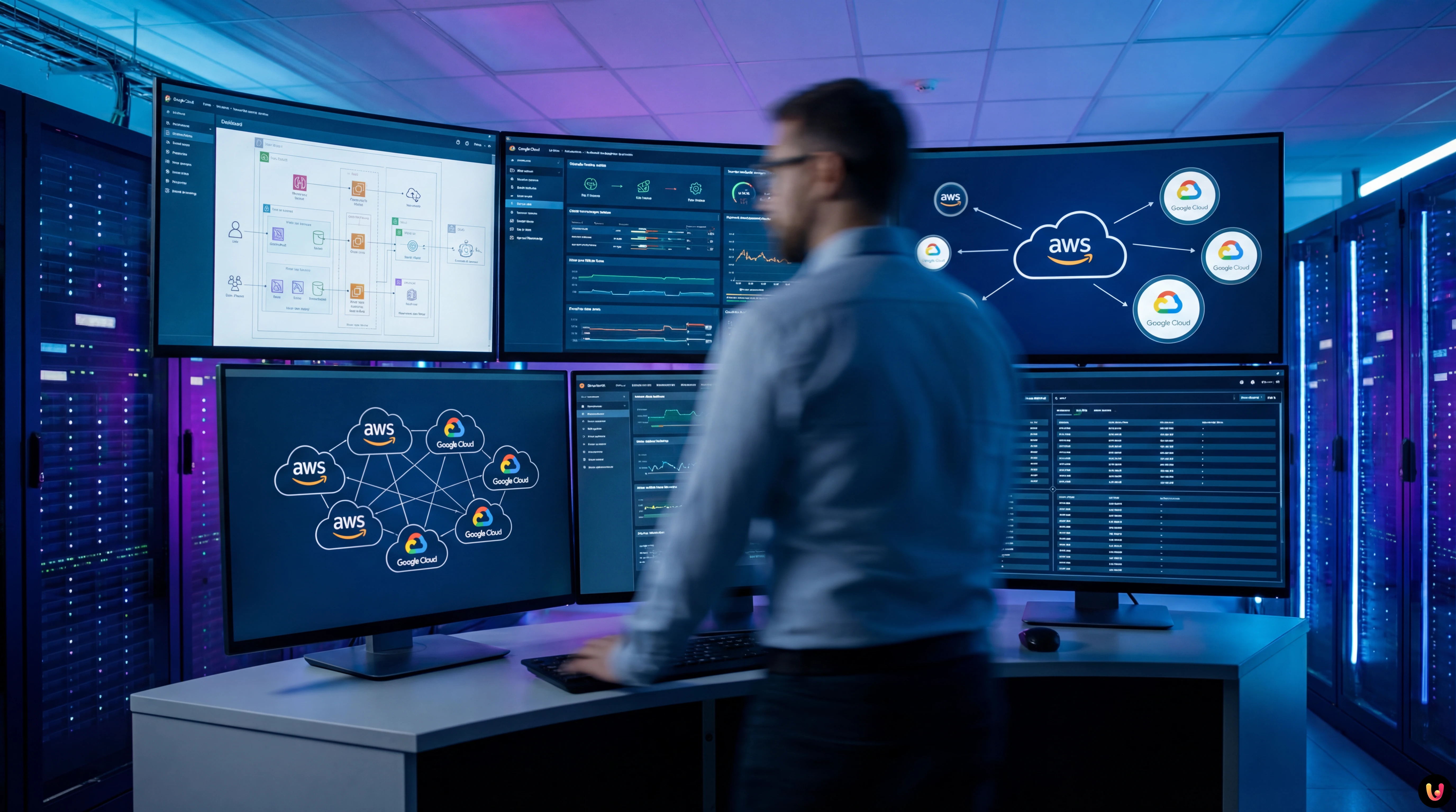 Infografica architettura multi-cloud bancaria con stack AWS e GCP